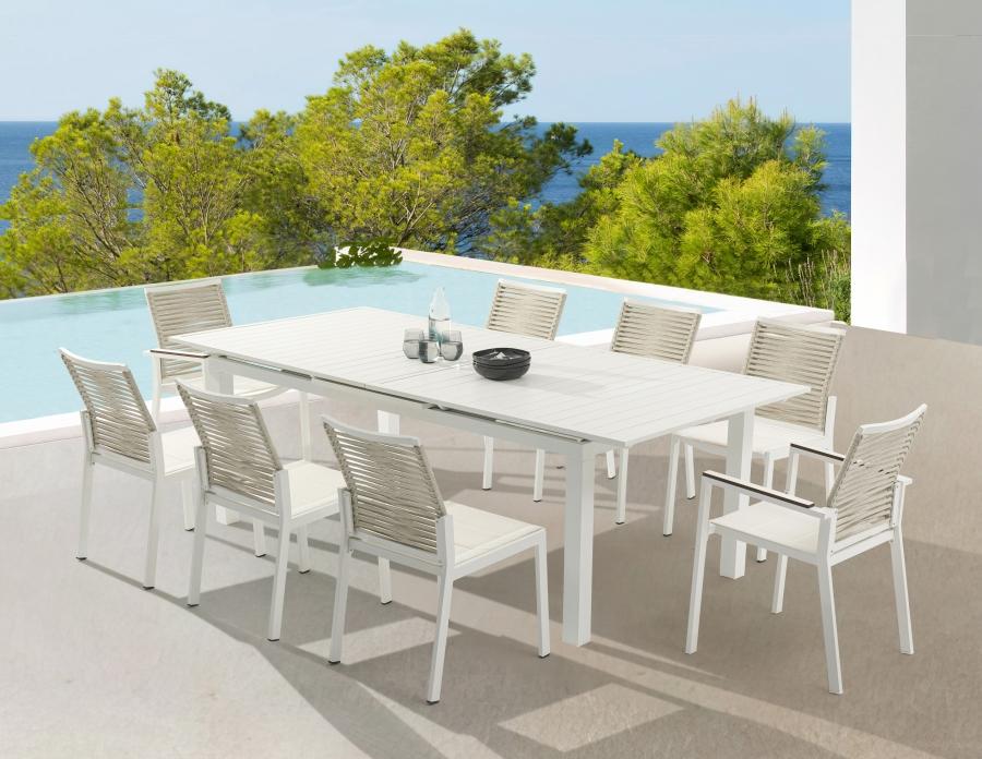 

    
Contemporary Beige/White Aluminium Patio Dining Set 7PCS Meridian Furniture Maldives 343White-T-7PCS

