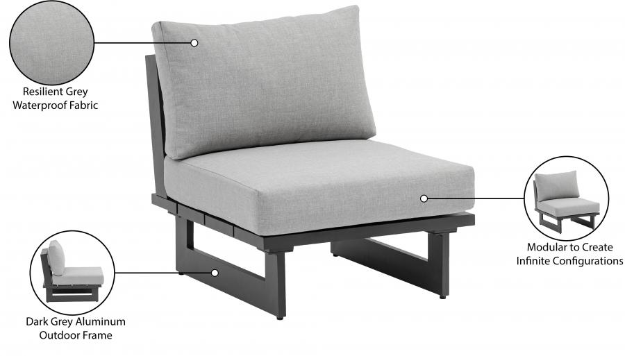 

    
Contemporary Dark Grey/Grey Aluminium Modular Armless Accent Chair Meridian Furniture 338Grey-Armless

