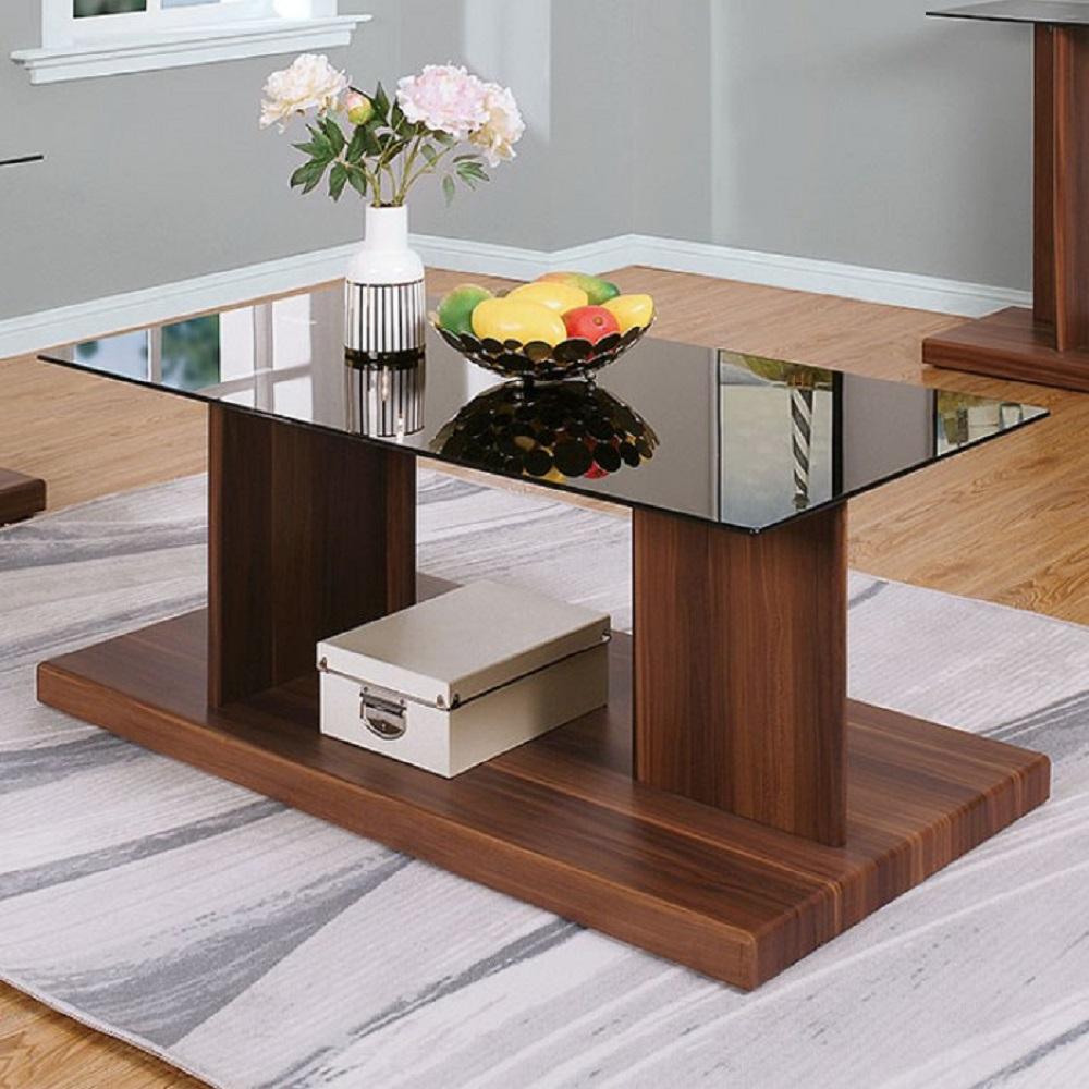 

    
Contemporary Dark Walnut & Black Glass Top Coffee Table Set 3pcs Furniture of America Mannedorf
