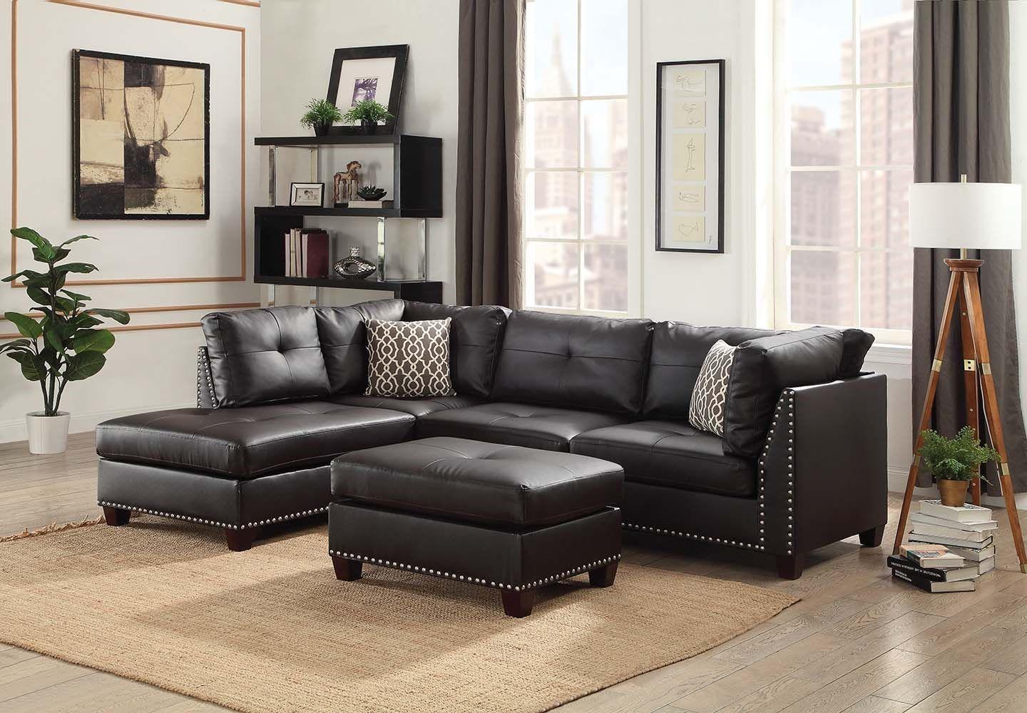 Contemporary, Classic, Simple Sectional Sofa and Ottoman Laurissa 54405-3pcs in Ebony PU