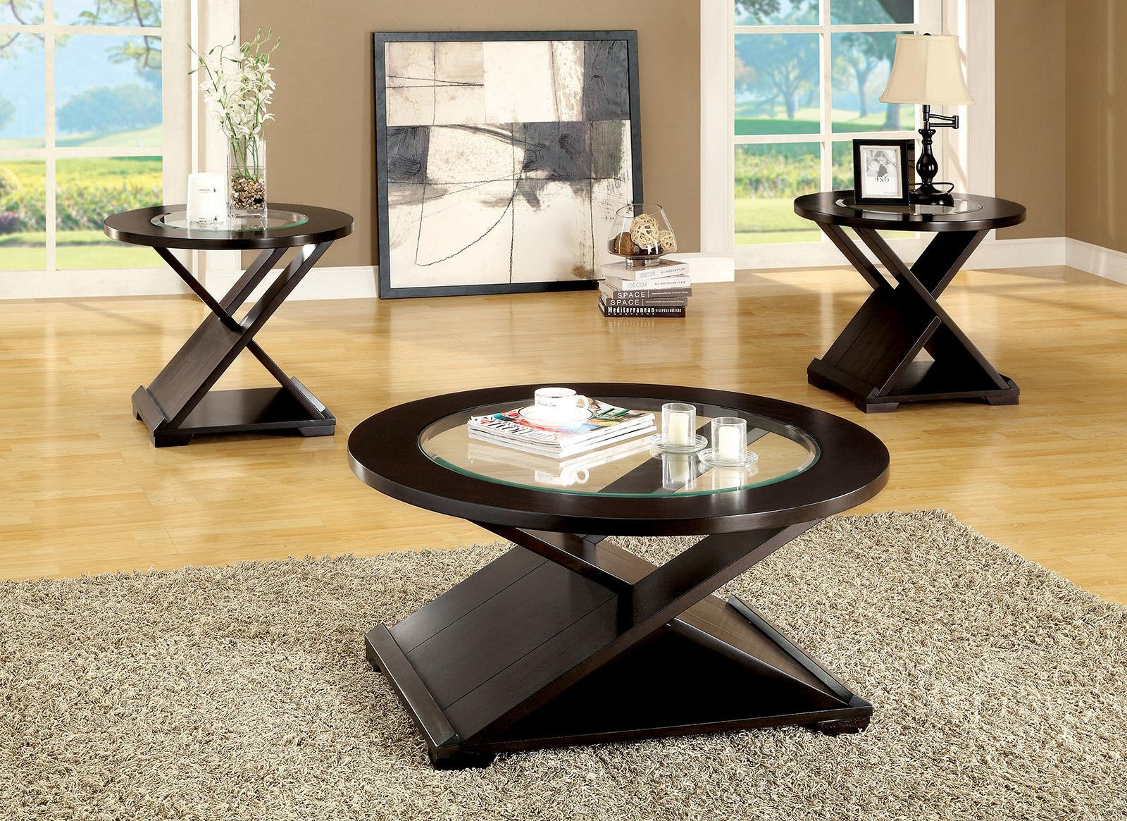 

    
Contemporary Espresso Solid Wood Coffee Table Set 3pcs Furniture of America CM4006-3PK Orbe
