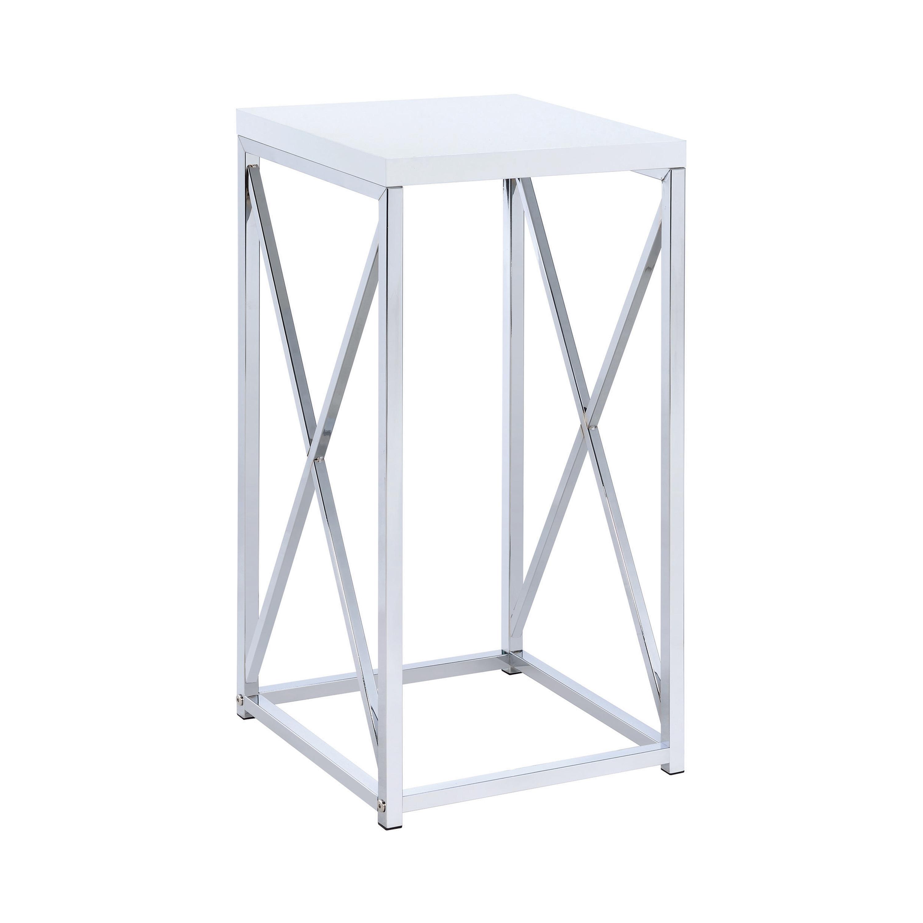 

    
Contemporary Glossy White & Chrome Metal Accent Table Coaster 930014
