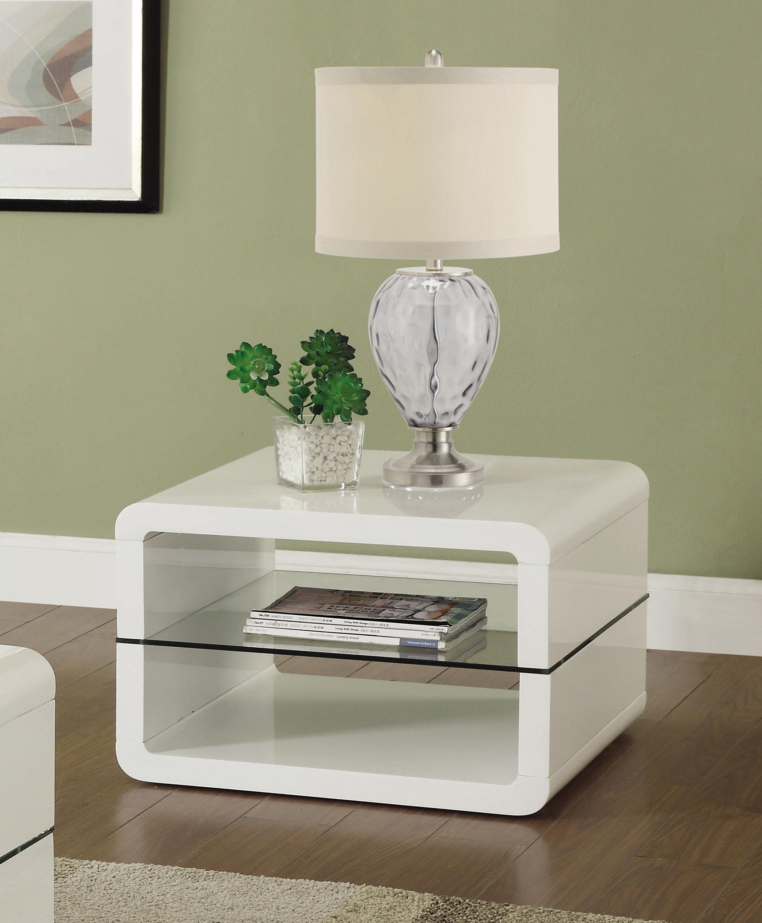 

    
Contemporary Glossy White Wood & Tempered Glass End Table Coaster 703267
