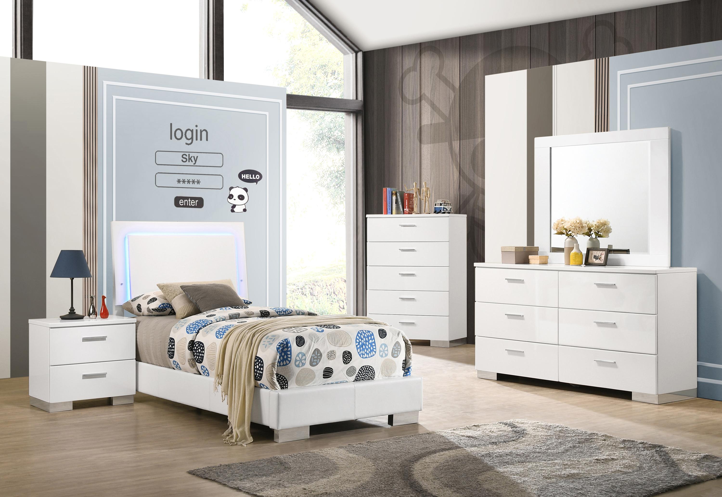 

    
Contemporary Glossy White Wood Twin Bedroom Set 5pcs Coaster 203500T Felicity
