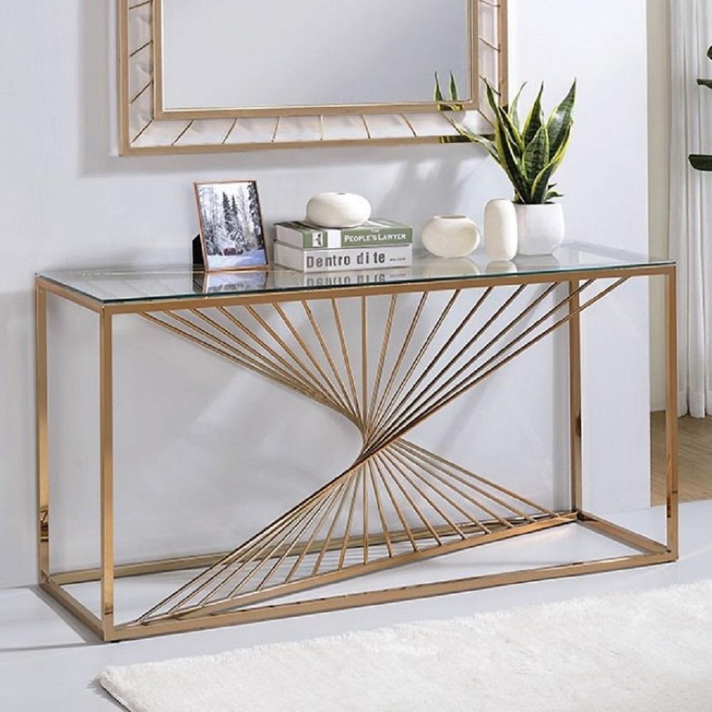 

    
Contemporary Gold Tempered Glass Top Sofa Table and Mirror Furniture of America Sherbrooke
