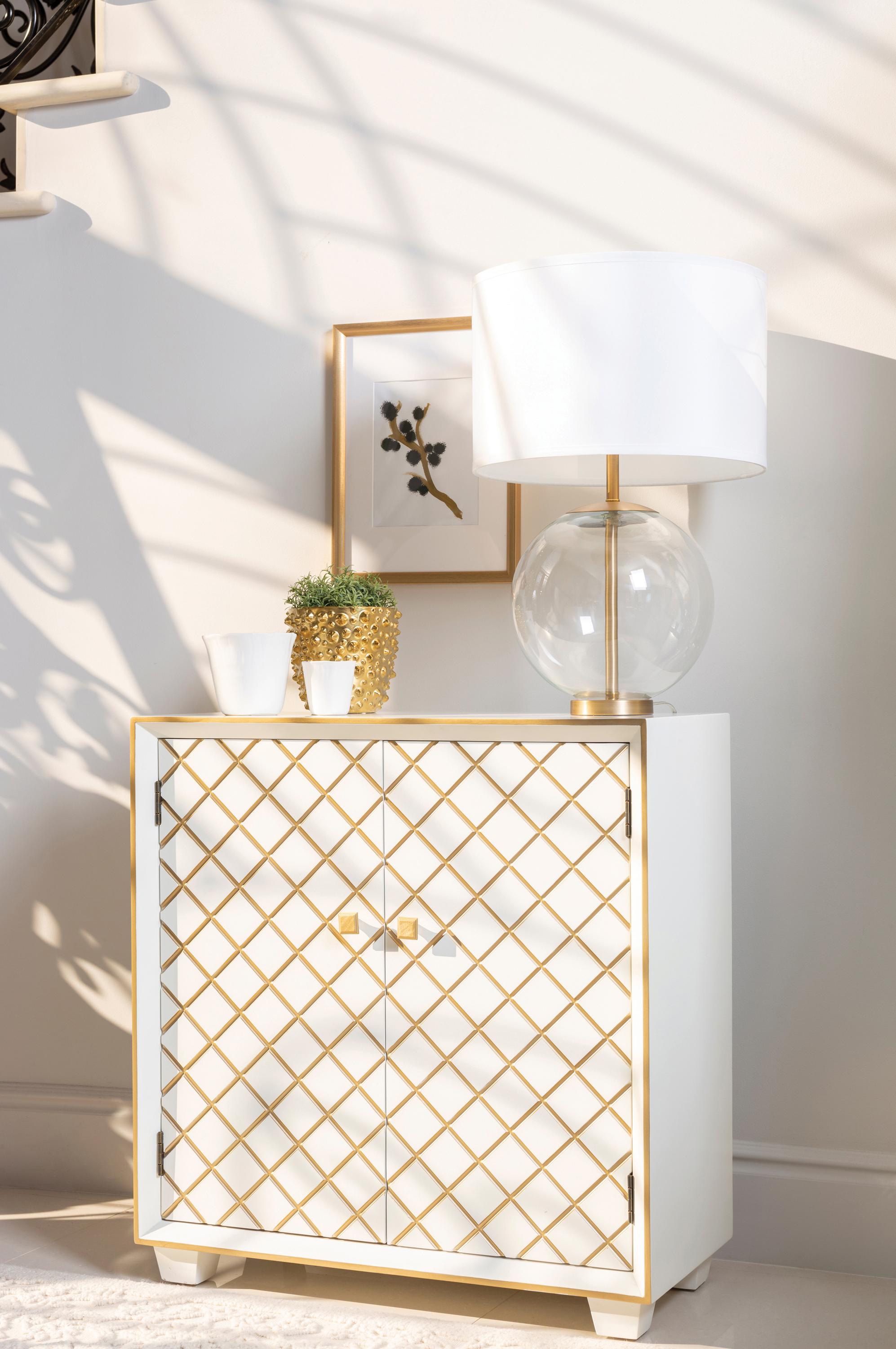 

    
Contemporary Gold & White Wood Accent Cabinet Coaster 953286
