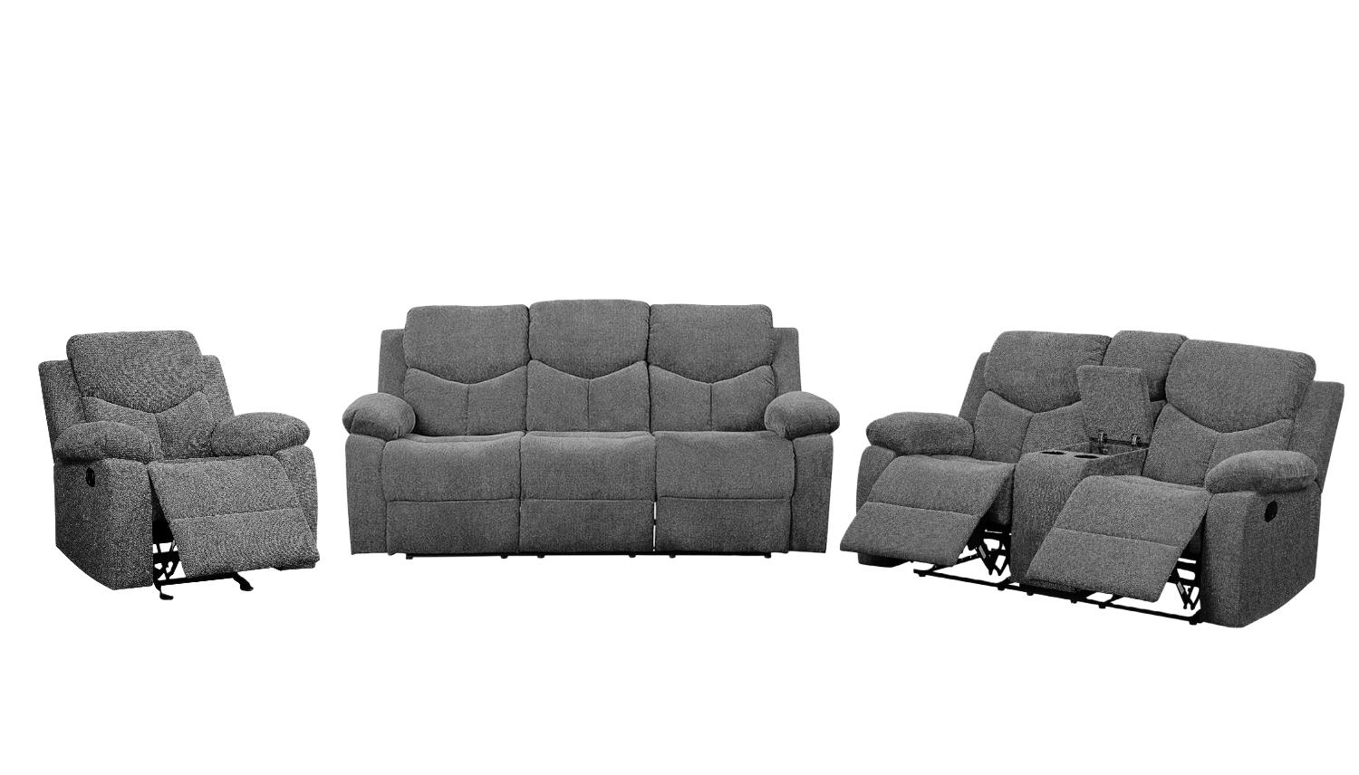 

    
Contemporary Gray Chenille Sofa + Loveseat w/Console + Recliner by Acme Kalen 55440-3pcs
