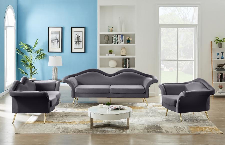 

    
Contemporary Gray Engineered Wood Living Room Set 3PCS Meridian Furniture Lips 607Grey-S-3PCS

