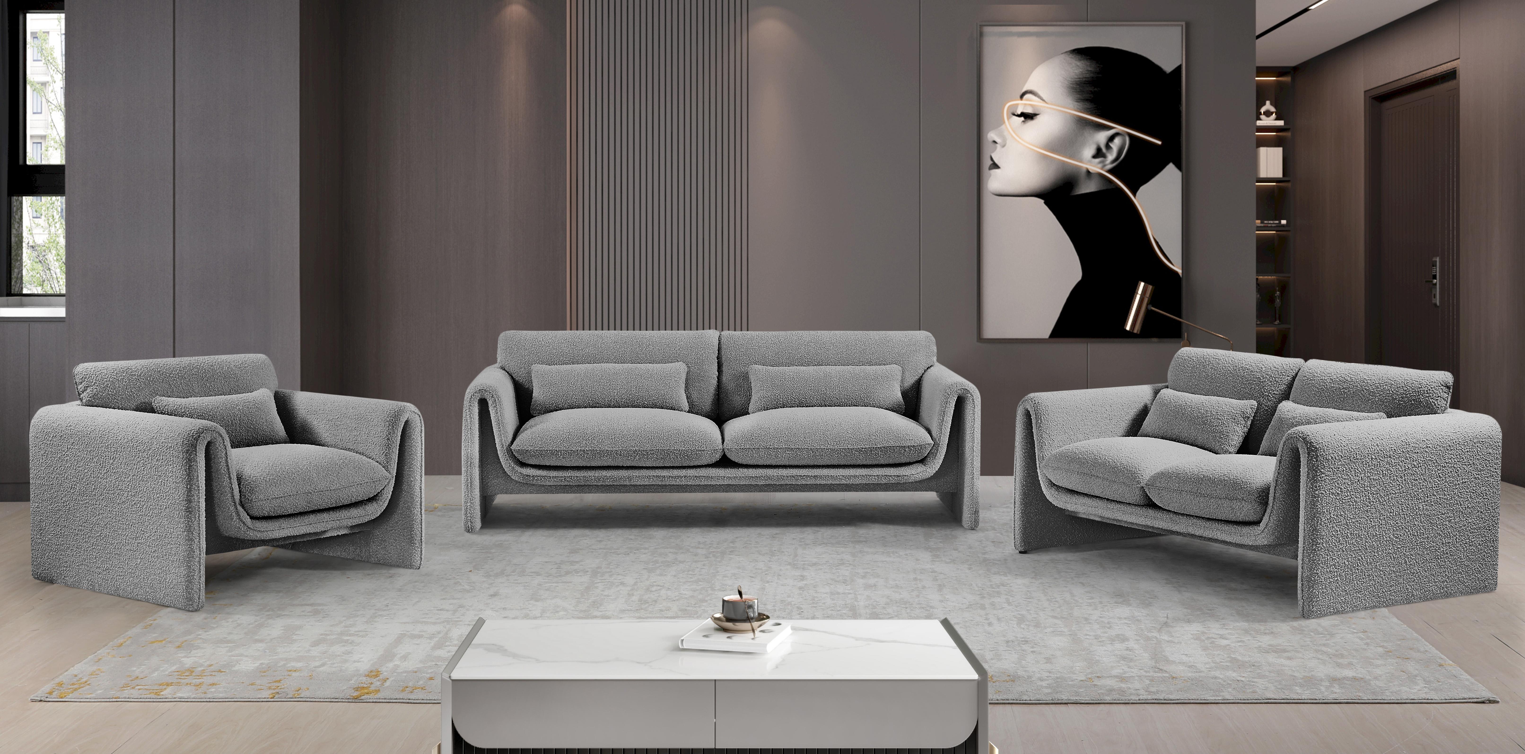 

    
Contemporary Gray Engineered Wood Living Room Set 3PCS Meridian Furniture Stylus 198Grey-S-3PCS
