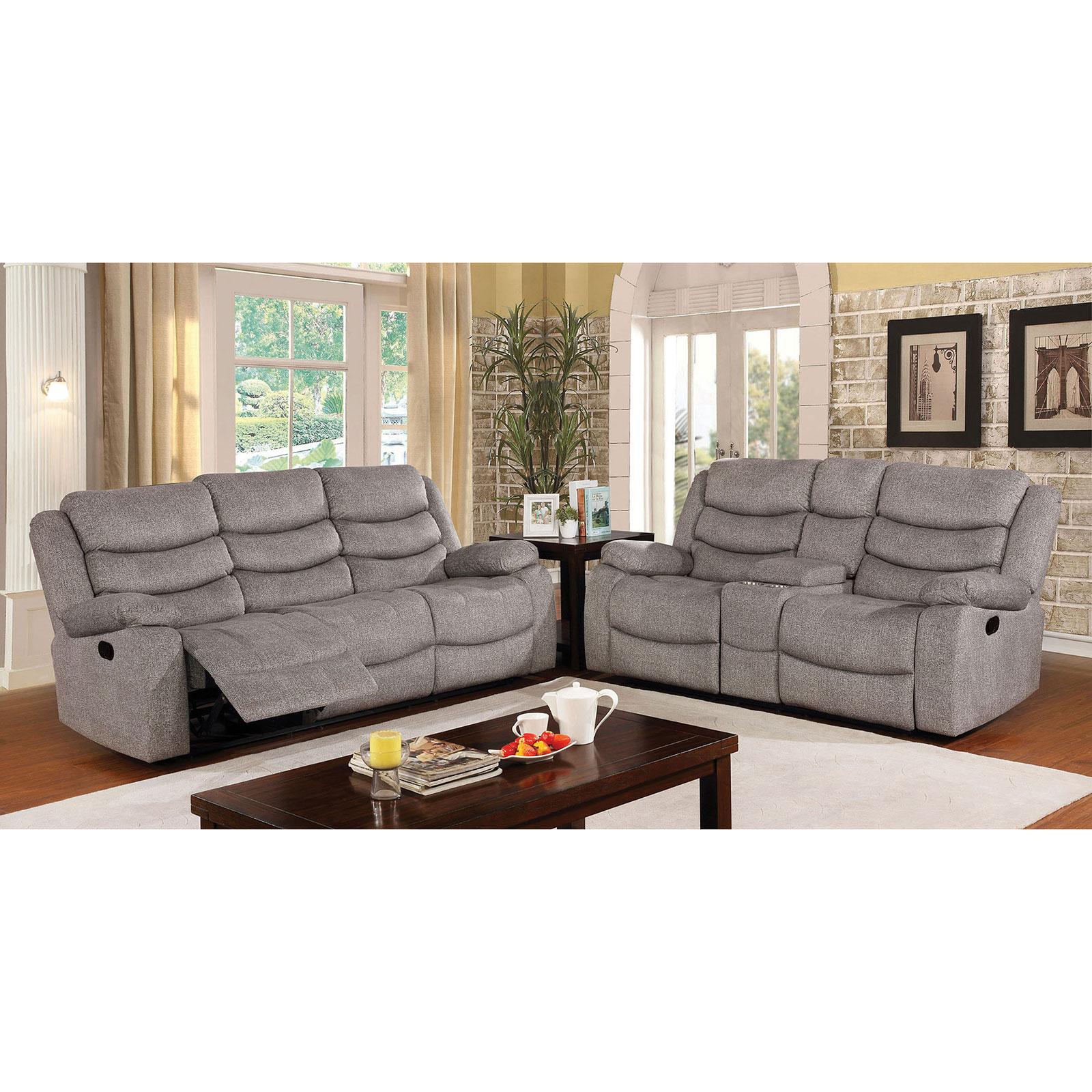 

    
Gray Fabric Reclining Sofa CASTLEFORD CM6940-SF Furniture of America Modern
