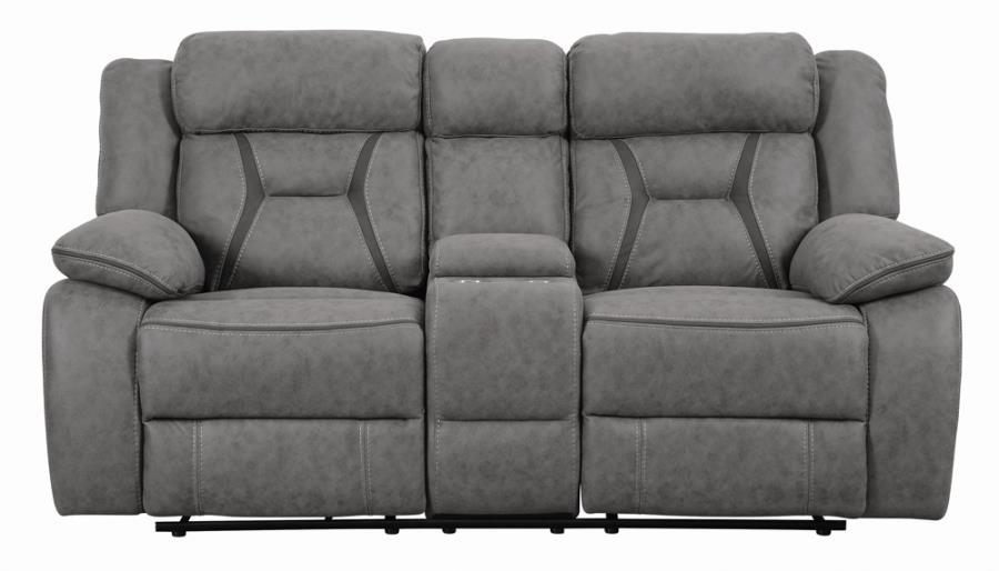 

    
Contemporary Gray Faux Suede Motion Loveseat Coaster 602262 Higgins
