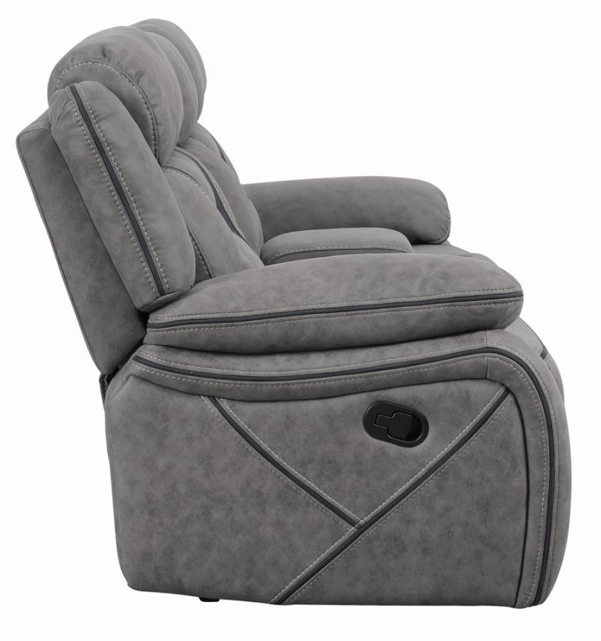 

    
 Shop  Contemporary Gray Faux Suede Motion Sofa Set 2pcs Coaster 602261-S2 Higgins
