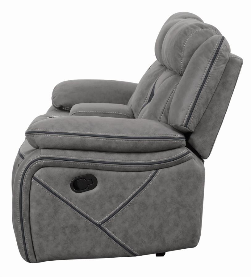 

    
Contemporary Gray Faux Suede Motion Sofa Set 2pcs Coaster 602261-S2 Higgins
