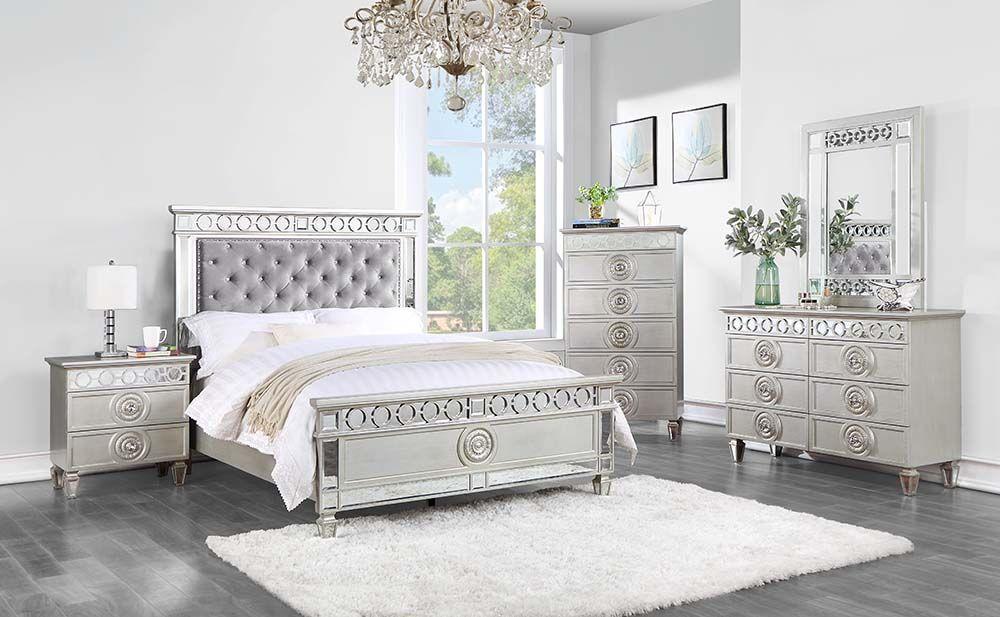 

    
Contemporary Gray Velvet, Silver & Mirrored Bedroom Set by Acme Varian BD01411F-5pcs
