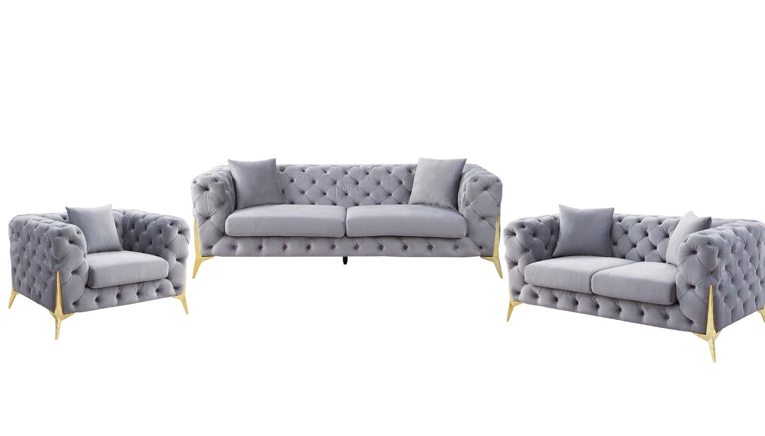 Contemporary Sofa Loveseat and Chair Set Jelanea LV01406-3pcs in Gray Velvet