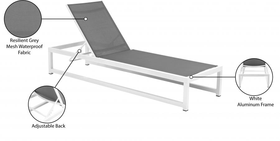 

    
 Order  Contemporary Gray/White Aluminium Chaise Lounge Meridian Furniture Maldives 347Grey-CL
