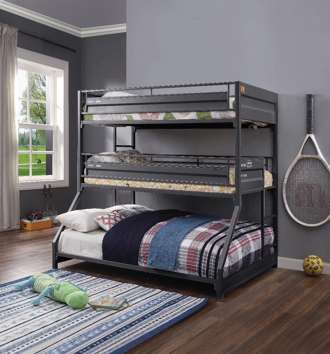 

    
Contemporary Gunmetal Twin/Twin/Full Triple Bunk Bed by Acme Cargo 37995
