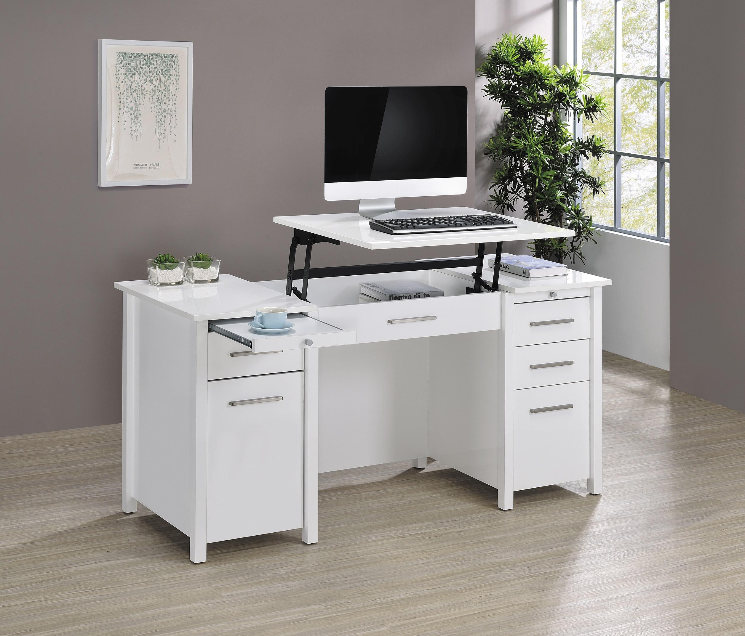 

    
 Shop  Contemporary High Gloss White Wood Lift Top Office Desk Coaster 801573 Dylan
