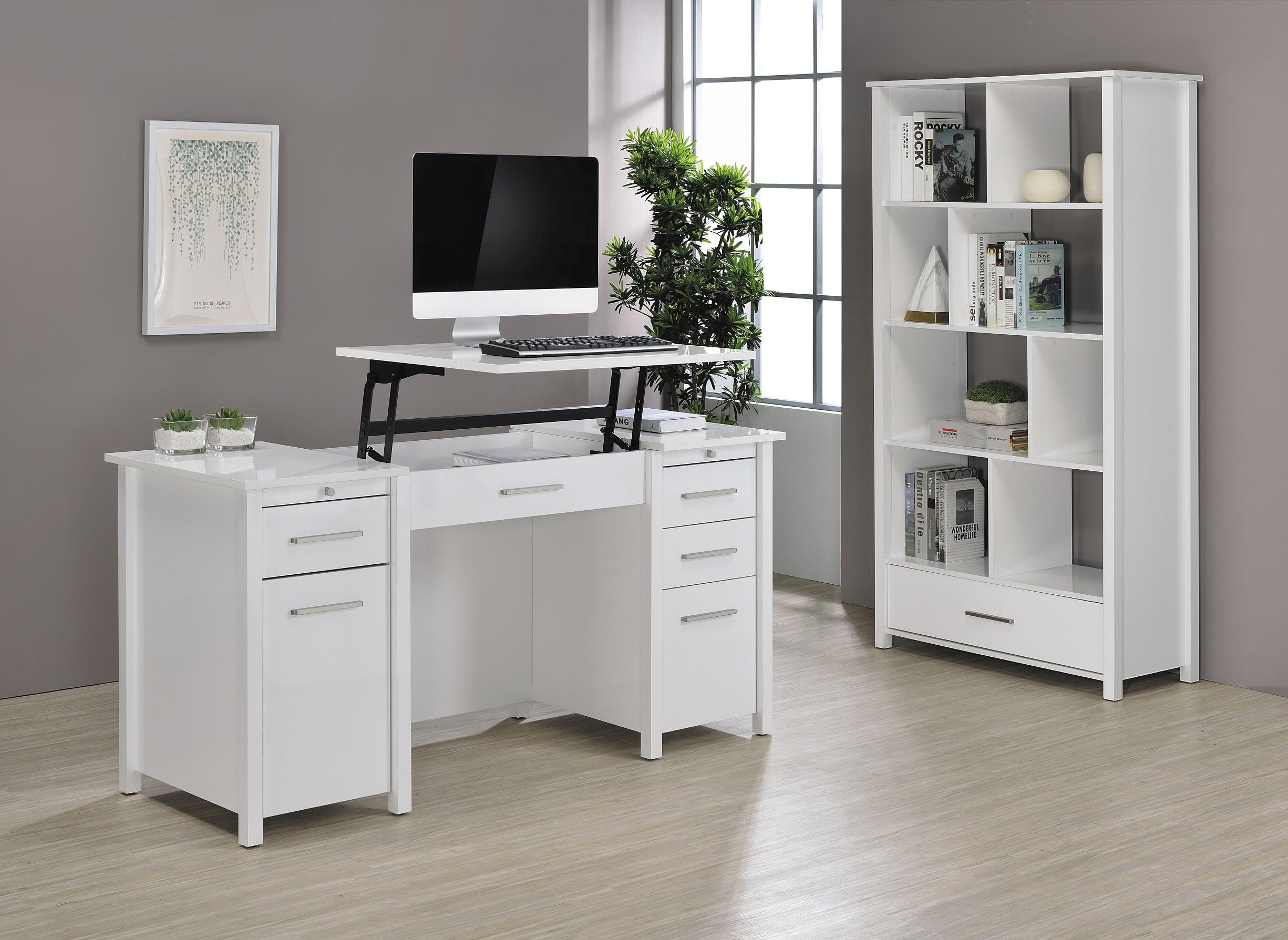 

    
Contemporary High Gloss White Wood Office Desk 2pcs Coaster 801573-S2 Dylan
