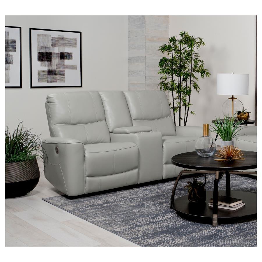 

    
Contemporary Ivory Wood Power Reclining Loveseat Coaster Greenfield 610262P
