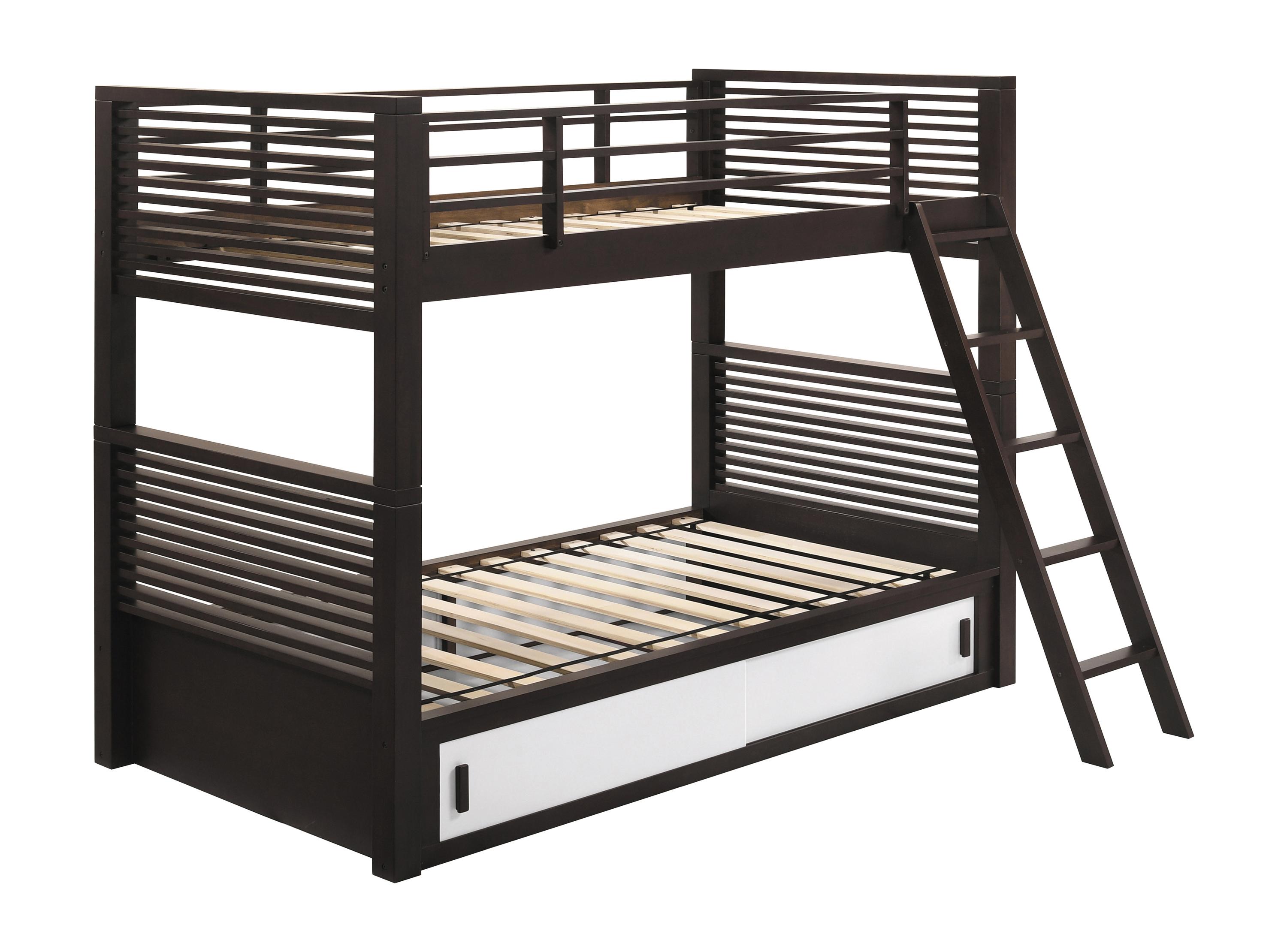 

    
Contemporary Java & White Solid Rubberwood Twin/Twin Bunk Bed Coaster 400736T Oliver
