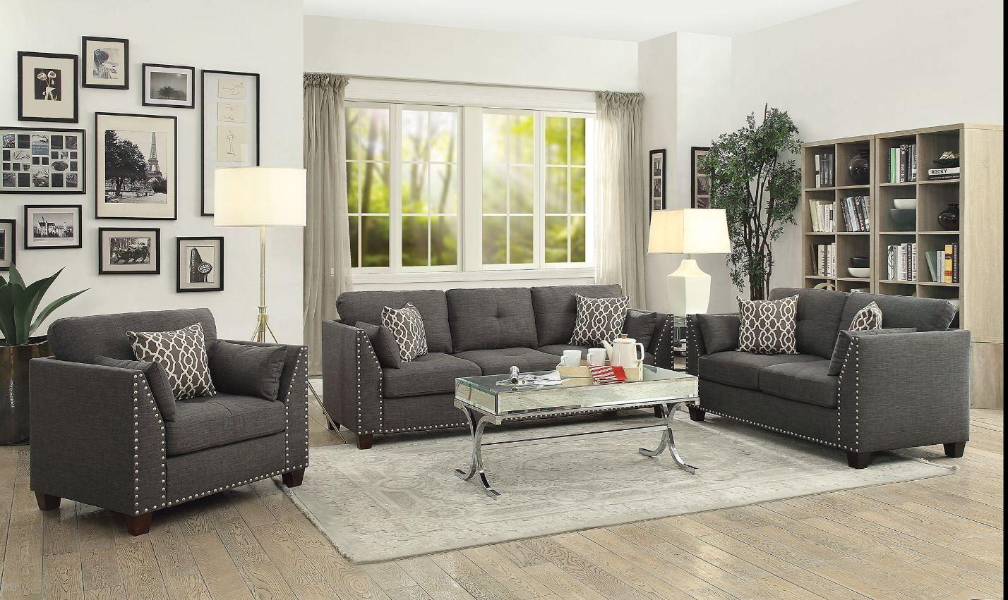 

    
Contemporary Light Charcoal Linen Sofa + Loveseat + Chair by Acme Laurissa 52405-3pcs
