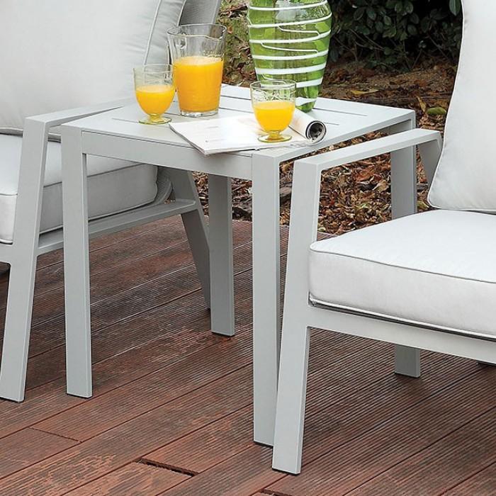 

    
Contemporary Light Gray Aluminum Patio Side Table Furniture of America Cordelia CM-OC1765-E
