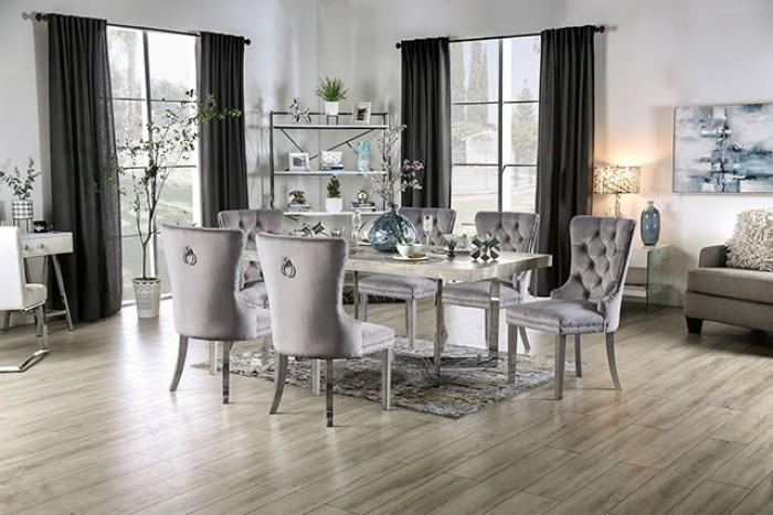 

    
Contemporary Light Gray & Chrome Dining Table Furniture of America FOA3798T Sindy
