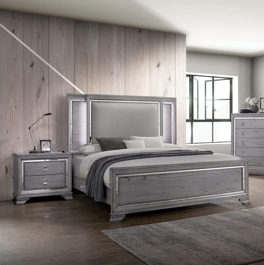 Contemporary Panel Bedroom Set CM7579-EK-3PC Alanis CM7579-EK-3PC in Light Gray Fabric