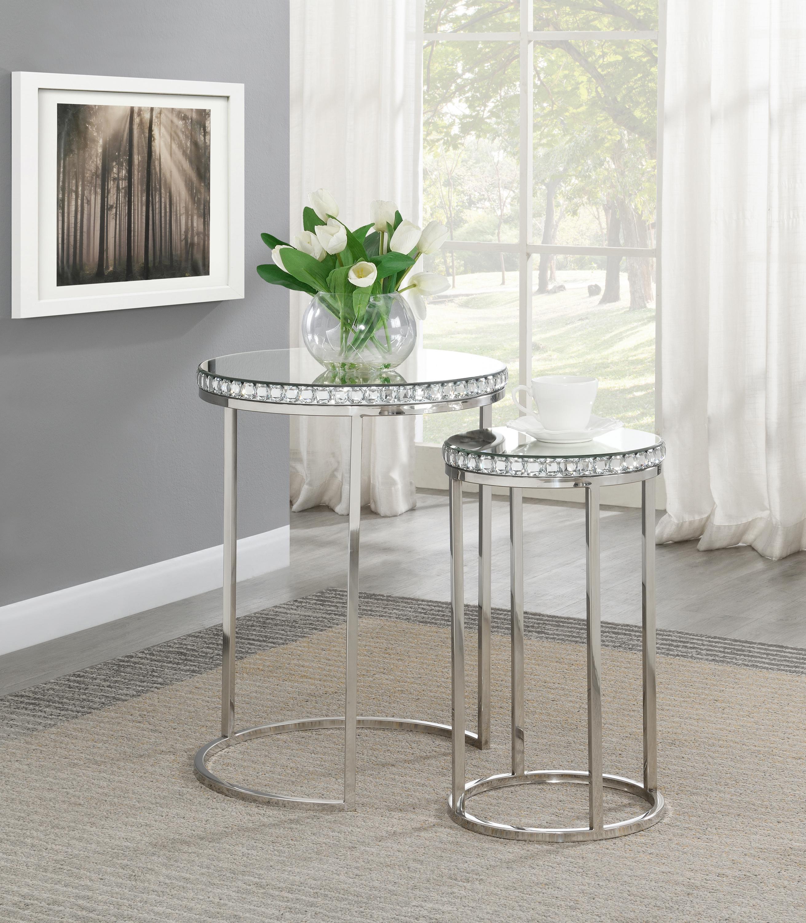 

    
Contemporary Mirror & Silver Stainless Steel Nesting Tables Set 2pcs Coaster 930227
