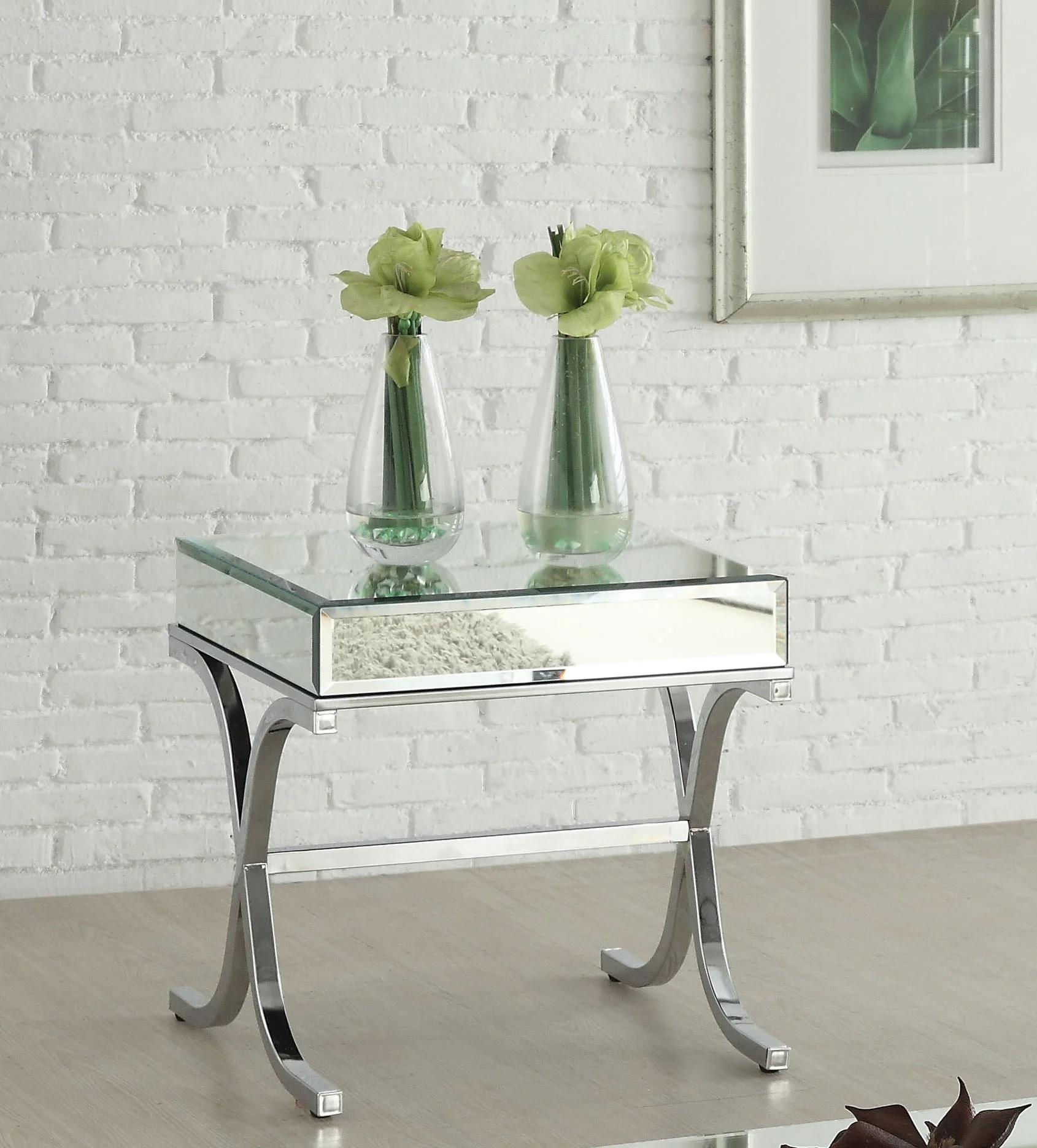 

    
Contemporary Mirrored Top & Chrome End Table by Acme Yuri 81197
