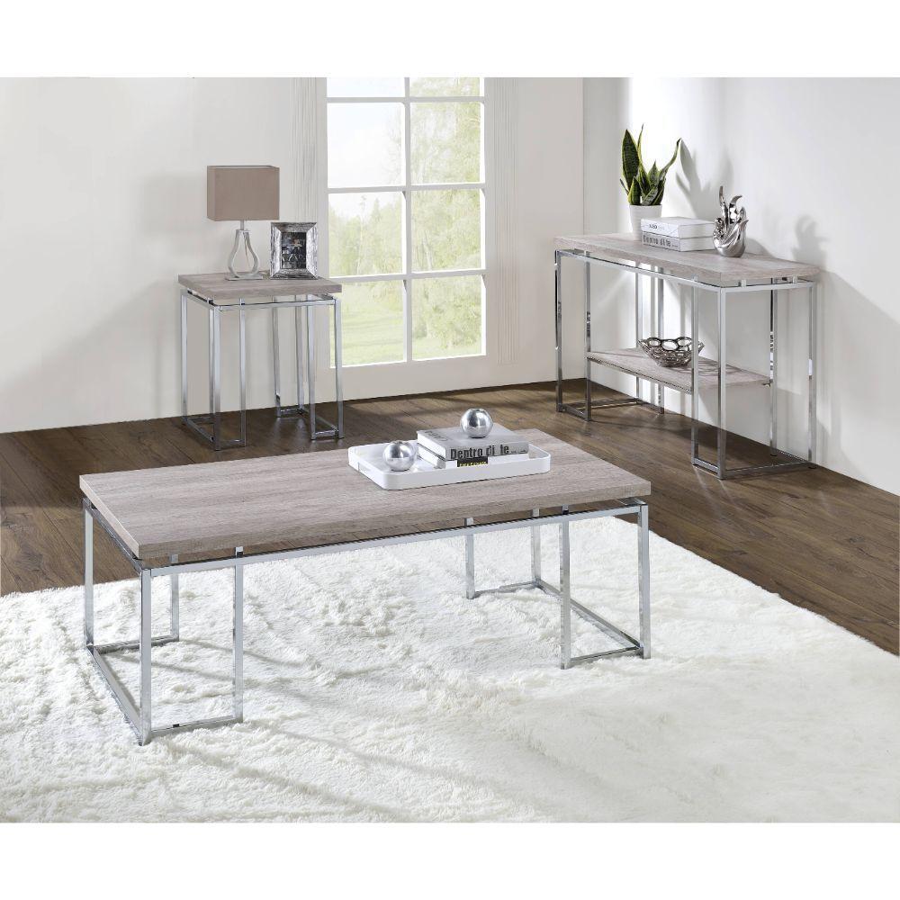 Contemporary Coffee Table and 2 End Tables Chafik 85370-3pcs in Wash Oak 