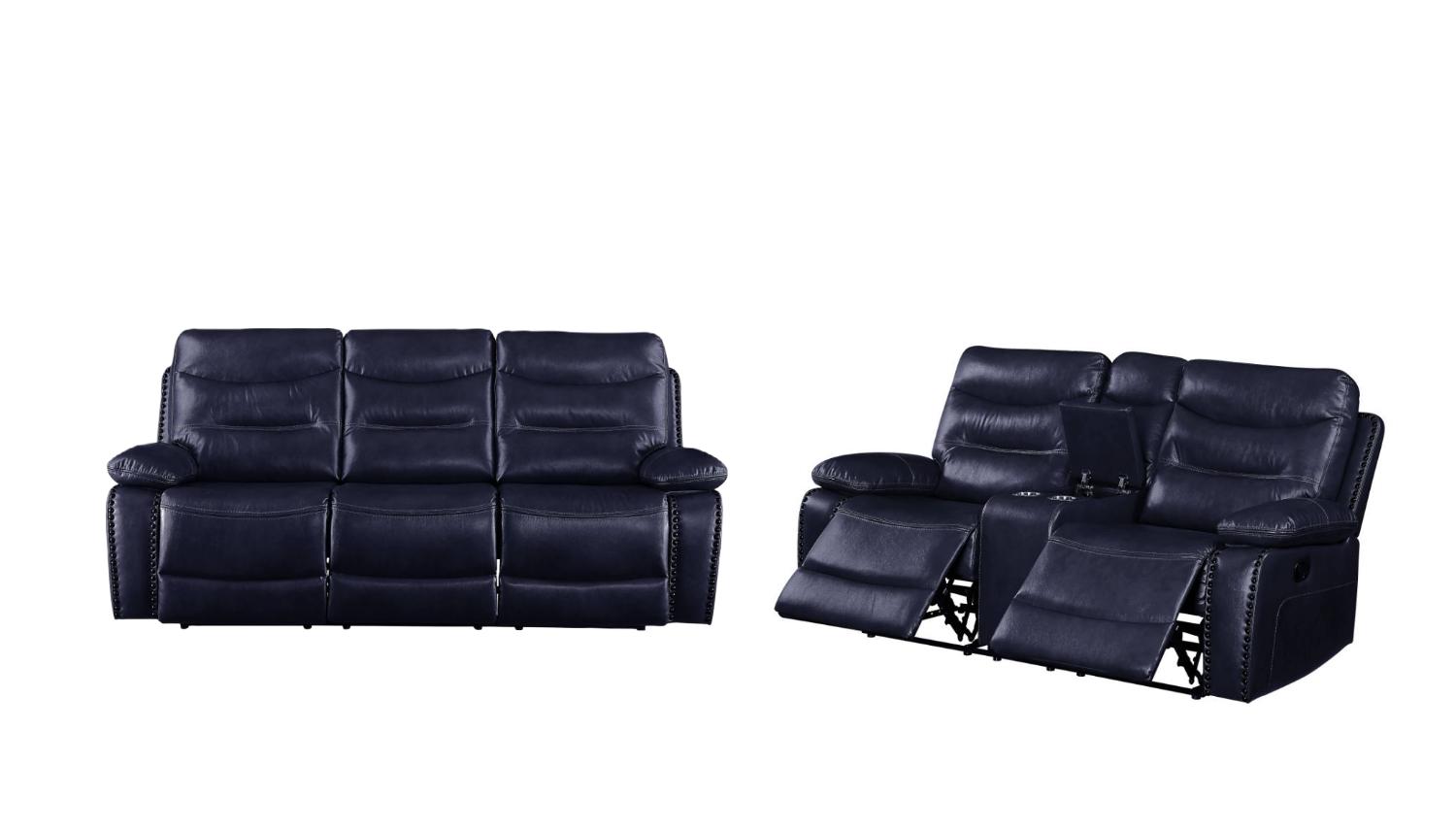 Contemporary Sofa and Loveseat Set Aashi 55370-2pcs in Navy 