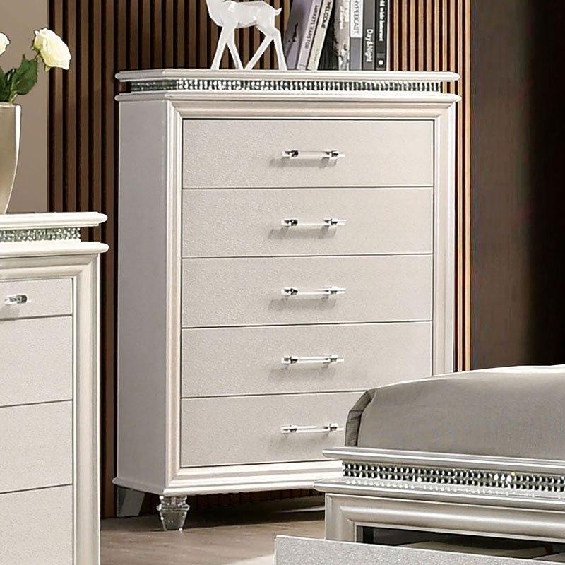

    
 Photo  Contemporary Pearl White Solid Wood CAL Bedroom Set 6pcs Furniture of America CM7899 Maddie
