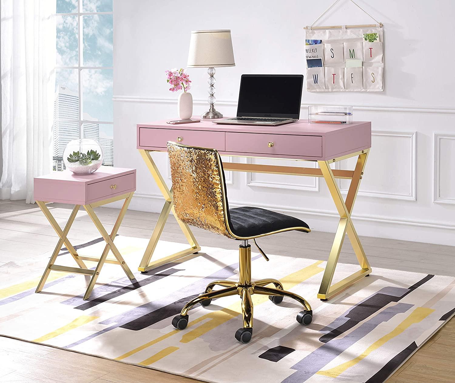 

    
Contemporary Pink & Gold Writing Desk WITHOUT USB + End Table Acme 92612-2pcs Coleen
