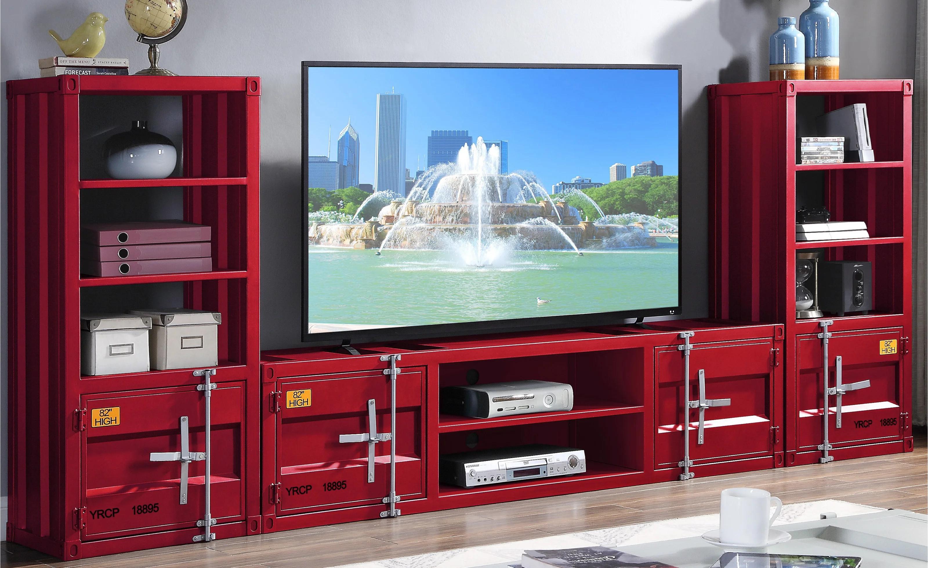 

    
Contemporary Red TV Stand + 2 Side Pier by Acme Cargo 91895-3pcs
