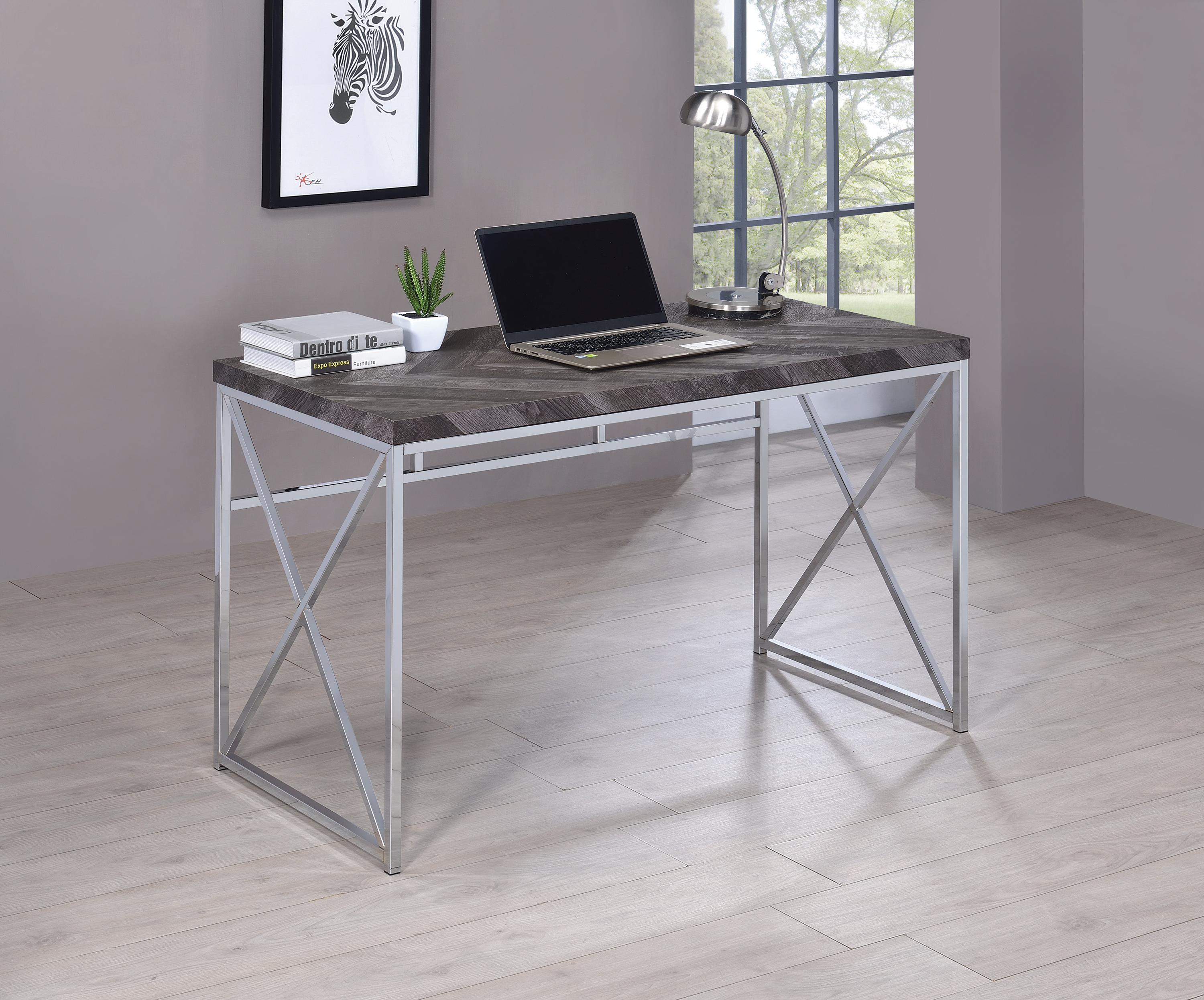 

    
Contemporary Rustic Gray Herringbone Metal Writing Desk Set 2pcs Coaster 802611-S2 Grimma
