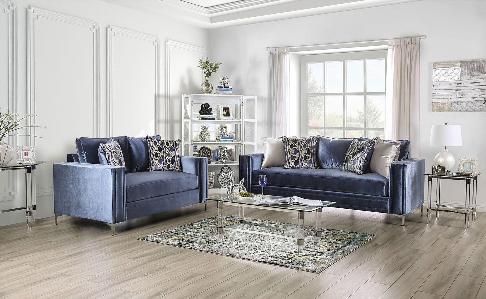 

    
Contemporary Satin Blue & Silver Microfiber Loveseat Furniture of America SM2687-LV Jodie

