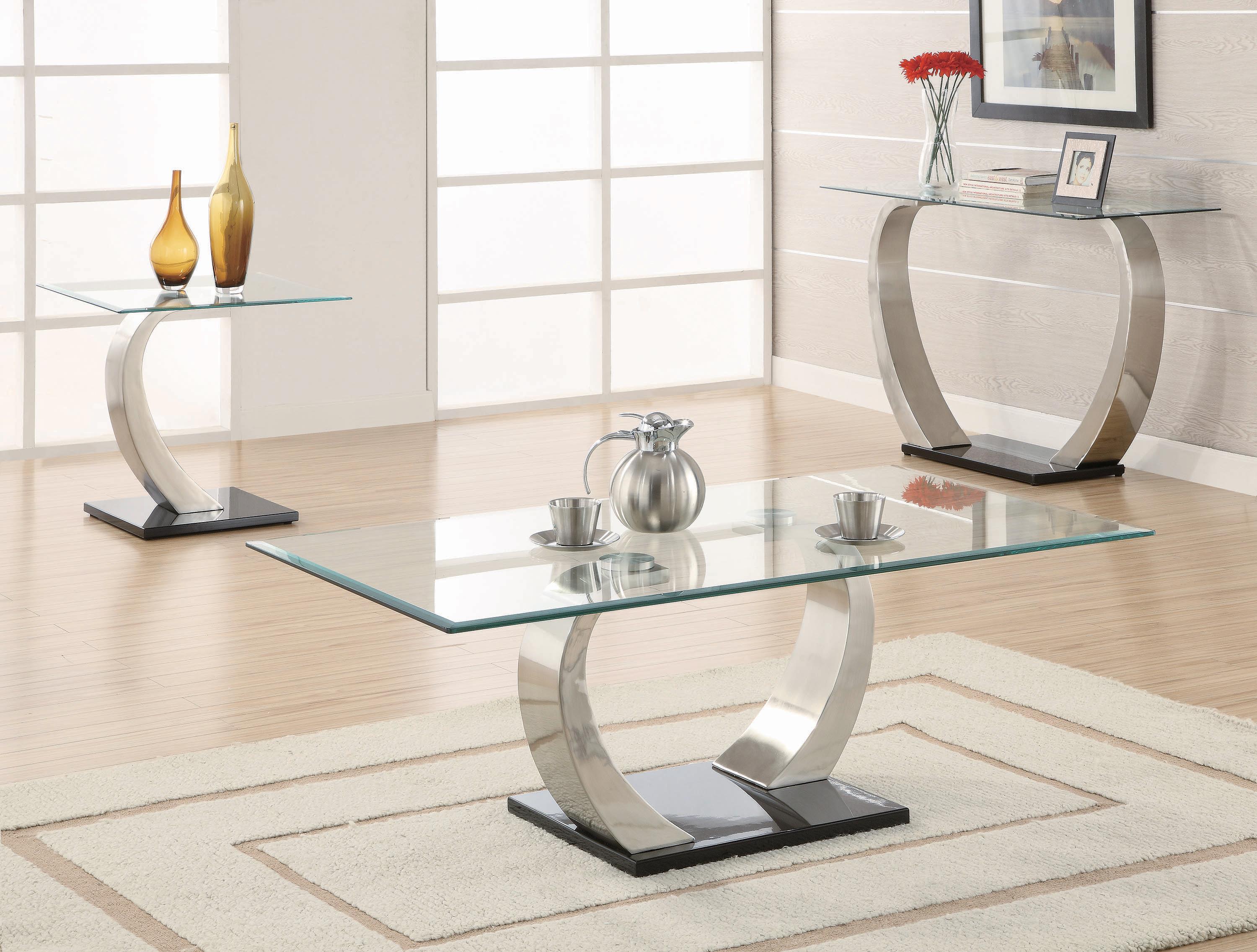 

    
Contemporary Satin Metal & Glass Top Coffee Table Set 3pcs Coaster 701238-S3
