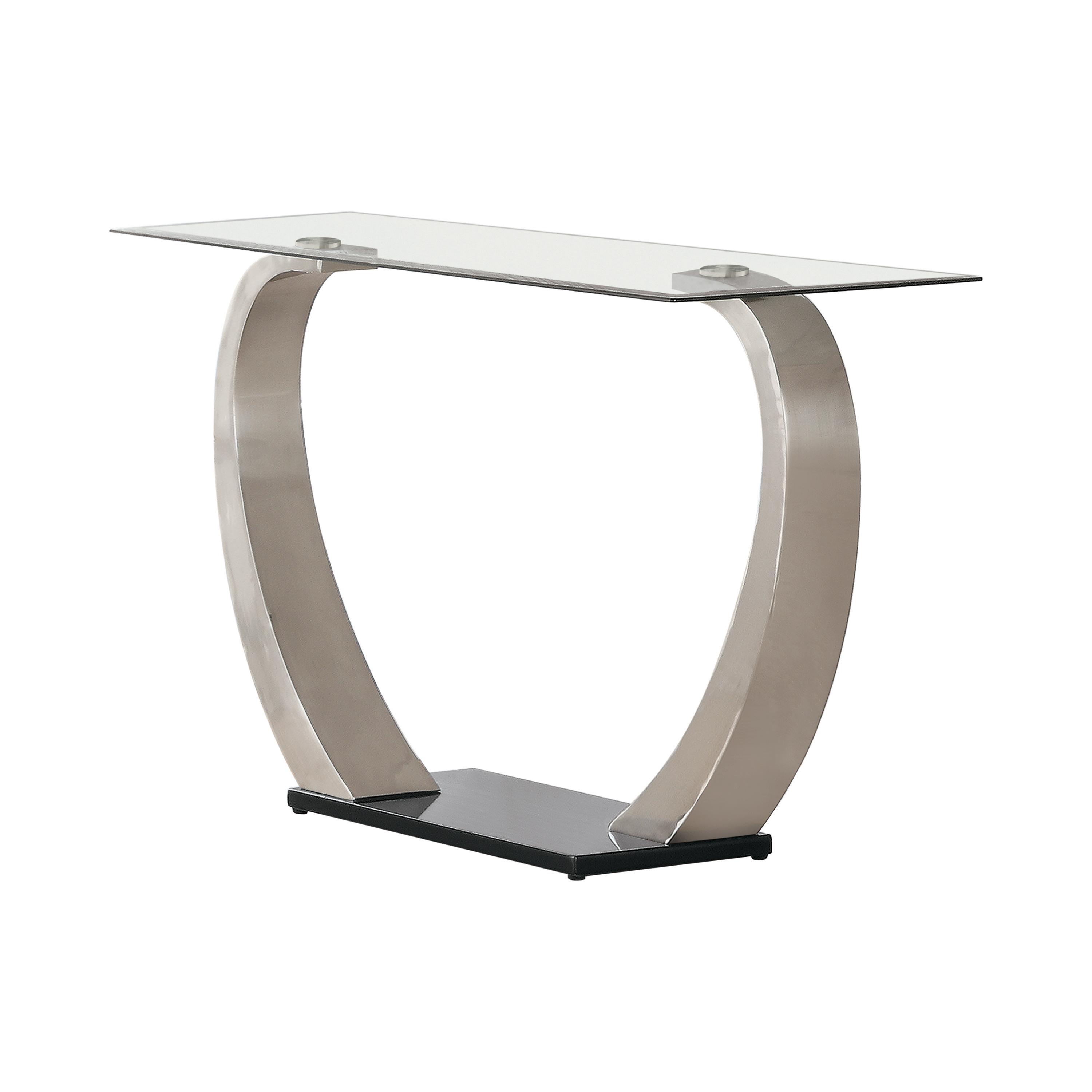 

    
Contemporary Satin Metal & Glass Top Sofa Table Coaster 701239
