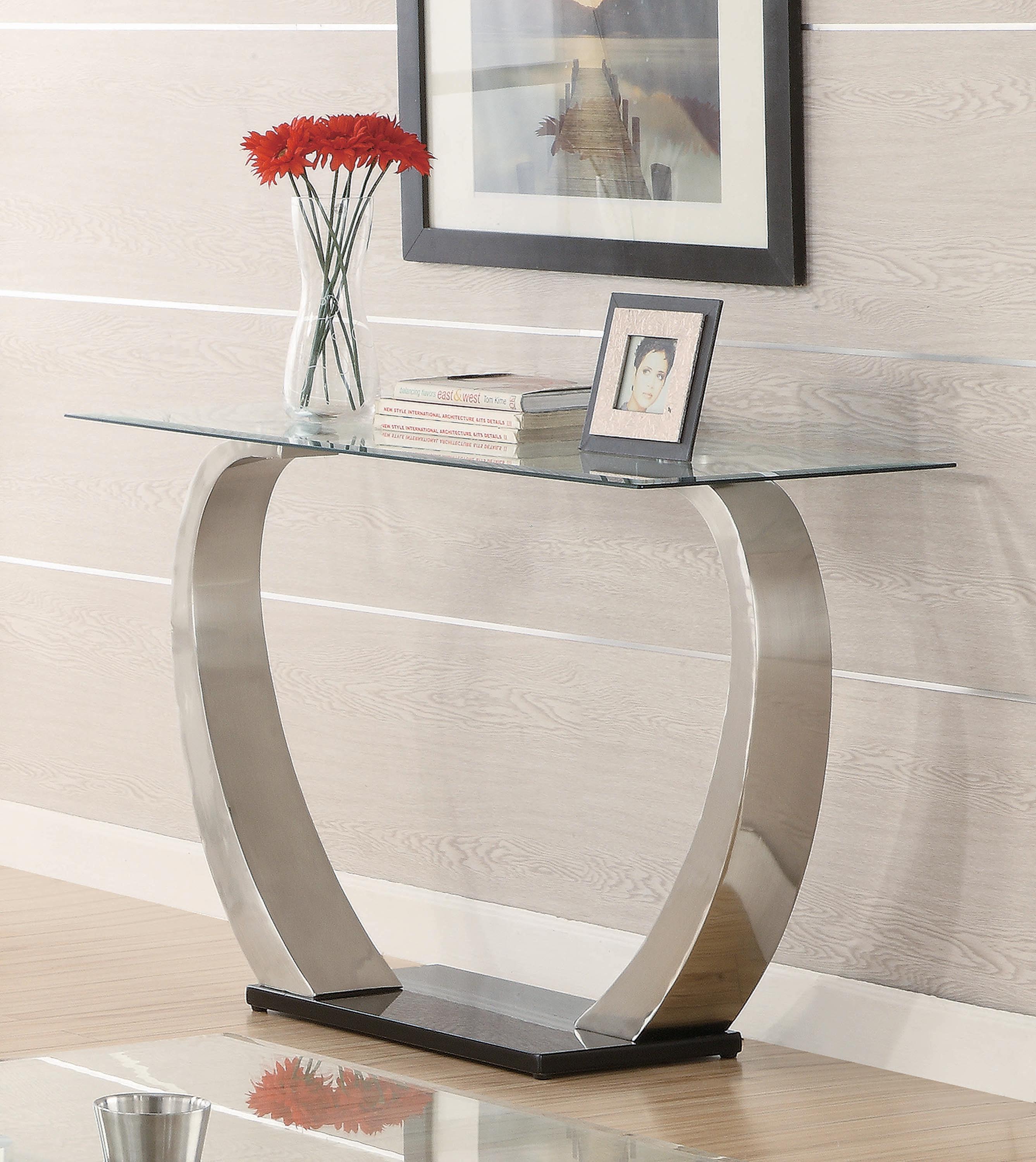 

    
Contemporary Satin Metal & Glass Top Sofa Table Coaster 701239
