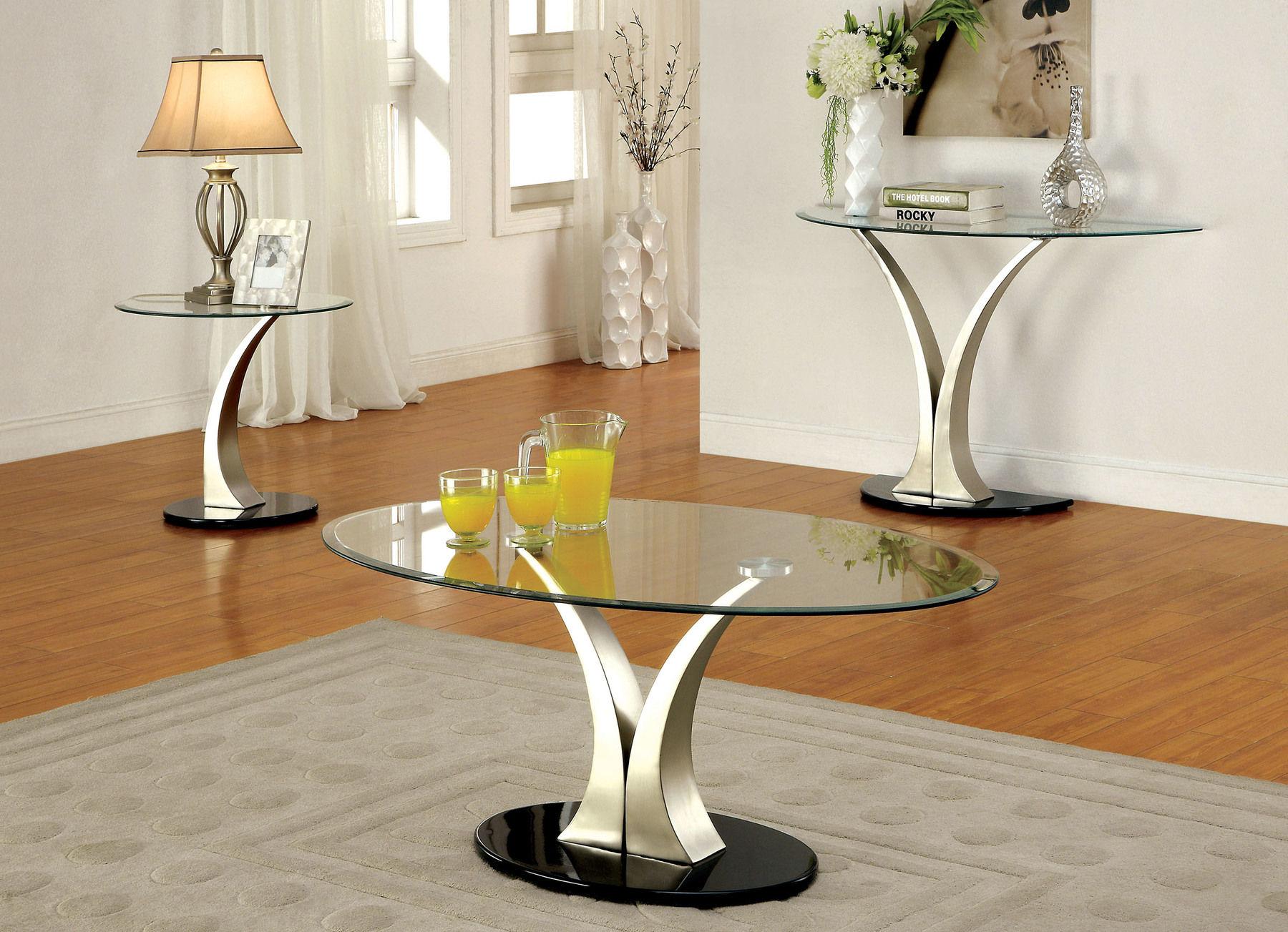 

    
Contemporary Satin Plated Tempered Glass Coffee Table Set 3pcs w/Sofa Table  Furniture of America Valo
