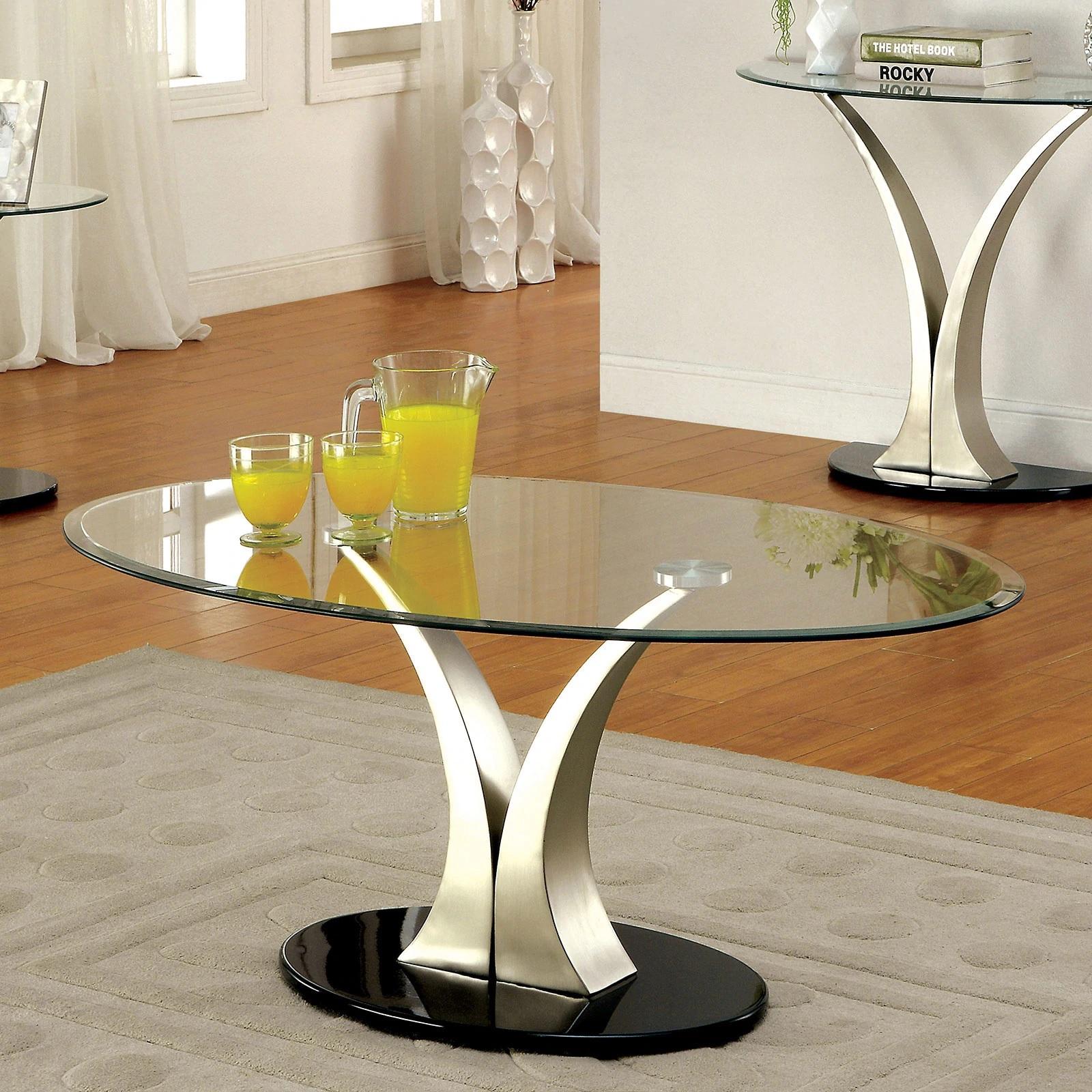 

    
Contemporary Satin Plated Tempered Glass Coffee Table Set 3pcs Furniture of America Valo
