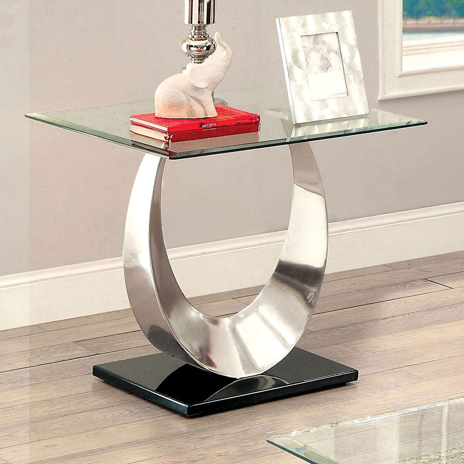 

    
Contemporary Satin Plated Tempered Glass End Table Furniture of America CM4726E Orla
