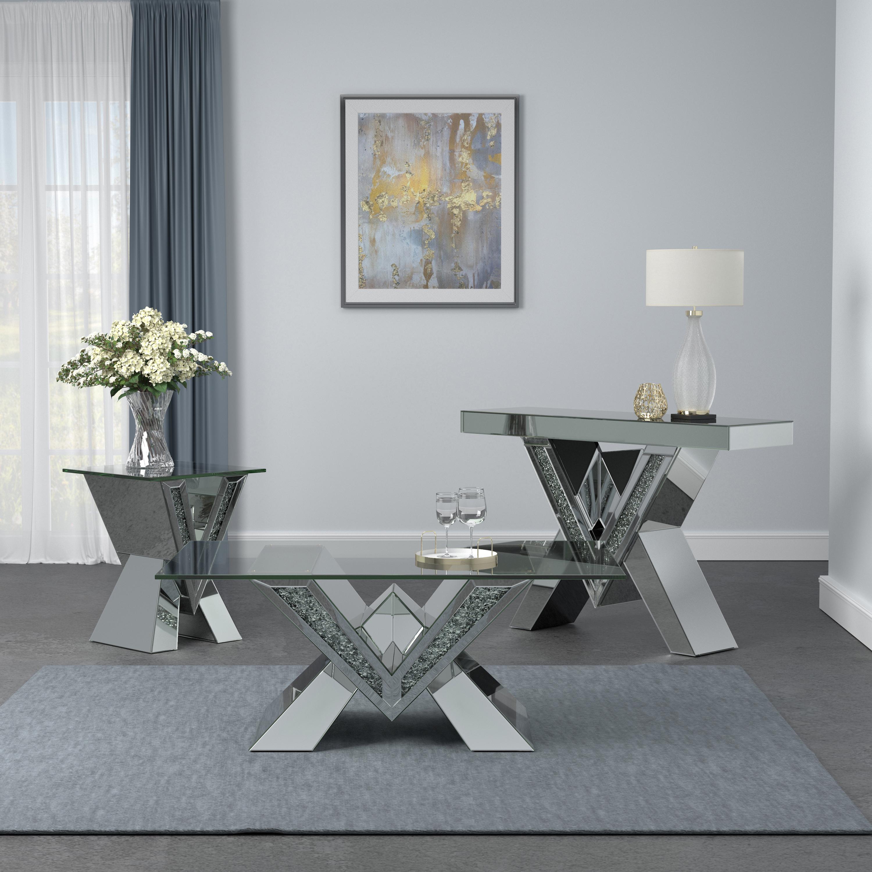 

    
Contemporary Silver Beveled Glass Sofa Table Coaster 723449 Caldwell
