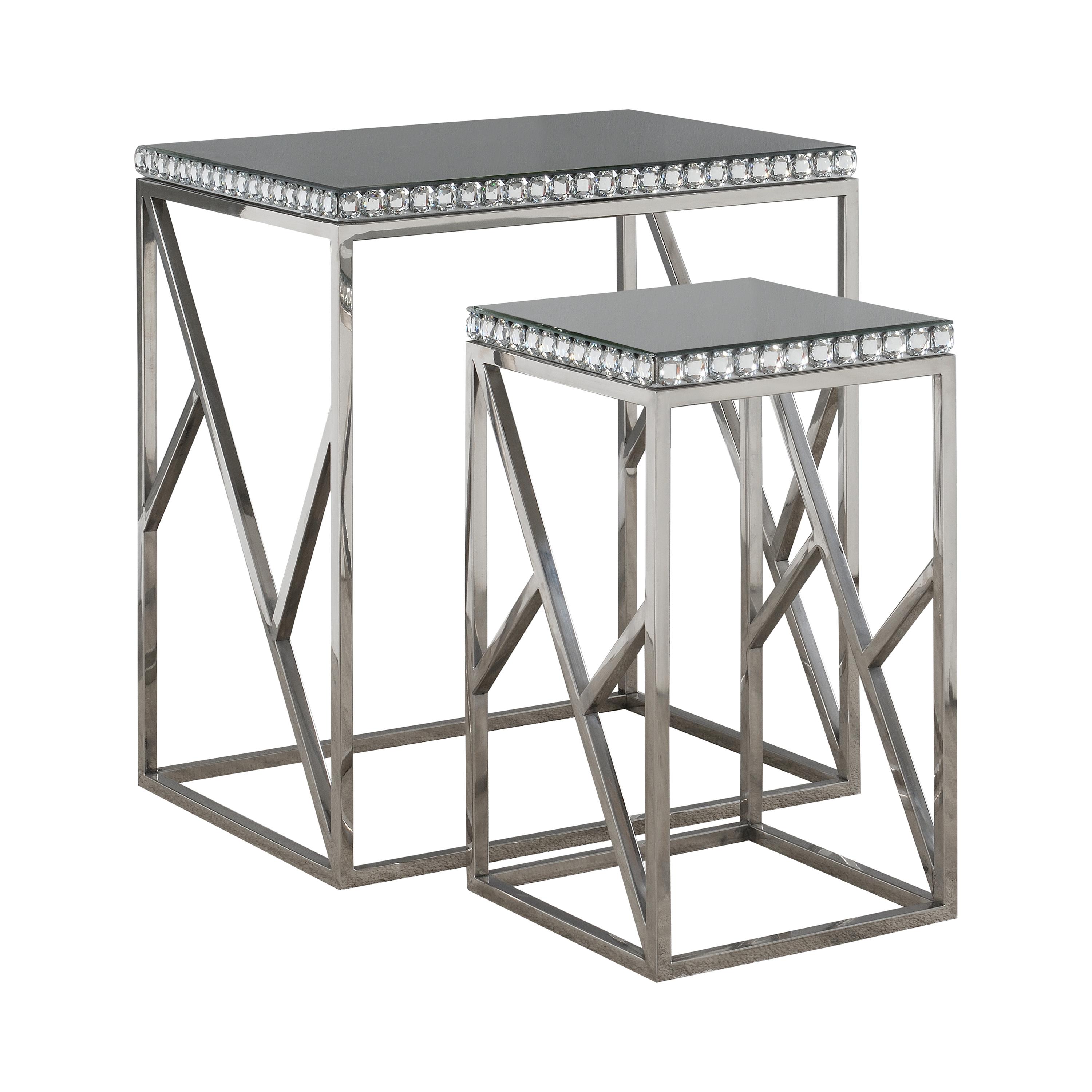 

    
Contemporary Silver Metal & Mirror Nesting Tables Set 2pcs Coaster 930226
