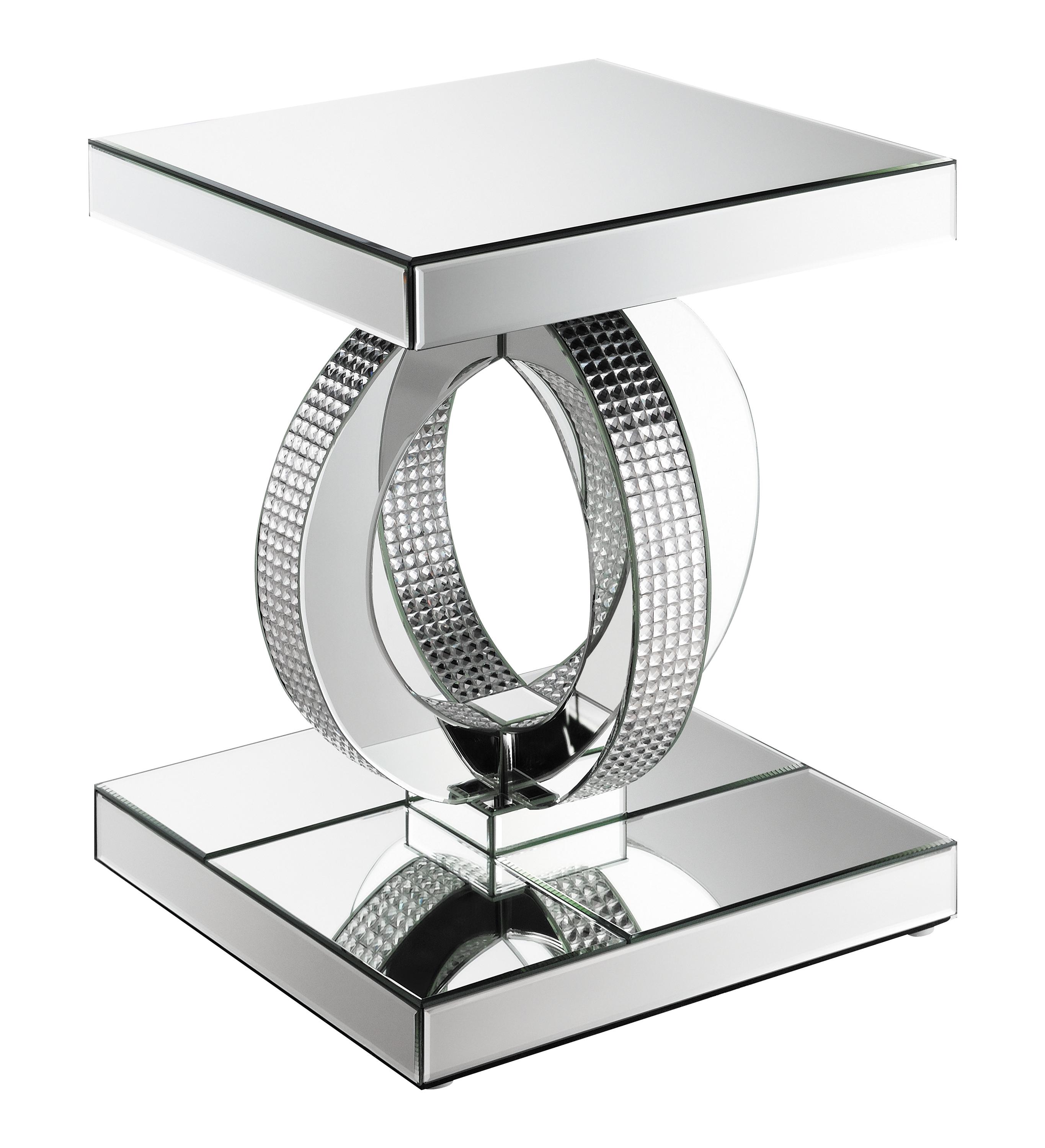 

    
Contemporary Silver Mirror & Tempered Glass End Table Coaster 753277

