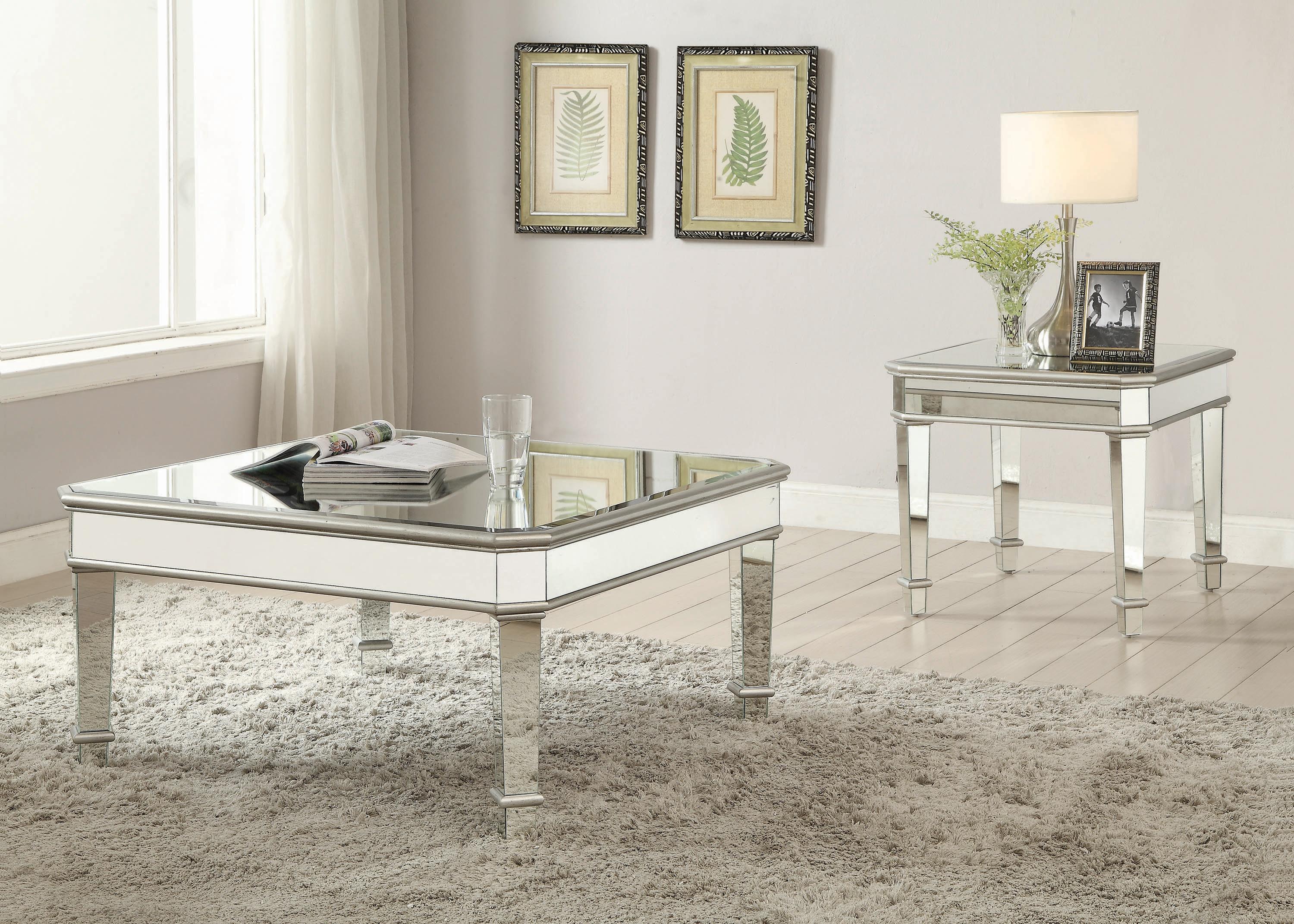 

    
Contemporary Silver Mirrored Panels  Coffee Table Set 2pcs Coaster 703938-S2 Cassandra
