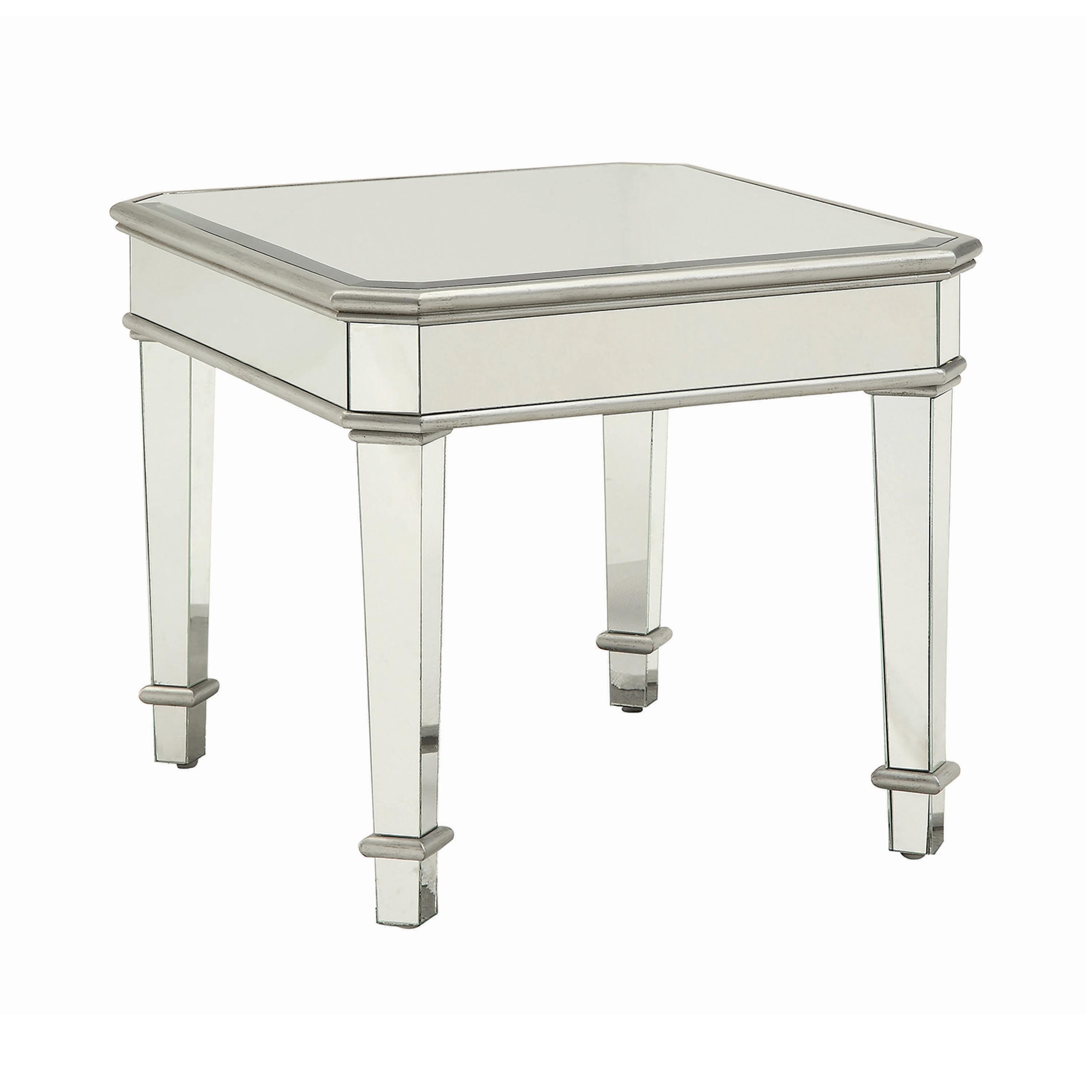 

    
Contemporary Silver Mirrored Panels End Table Coaster 703937 Cassandra
