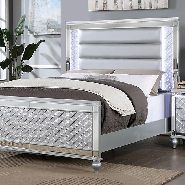 Contemporary Panel Bed Calandria King Panel Bed CM7320SV-EK CM7320SV-EK in Silver Leatherette